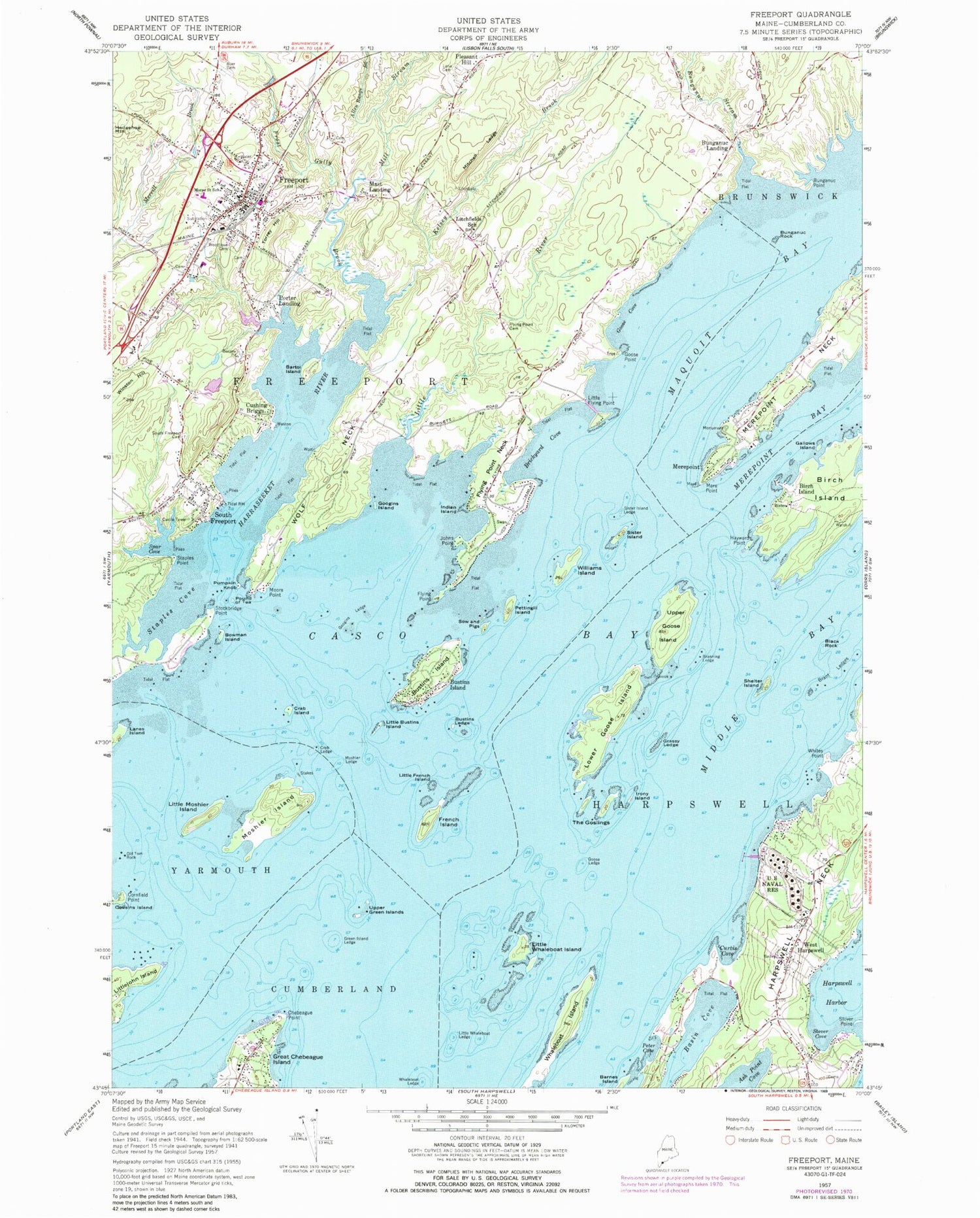 Classic USGS Freeport Maine 7.5'x7.5' Topo Map Image