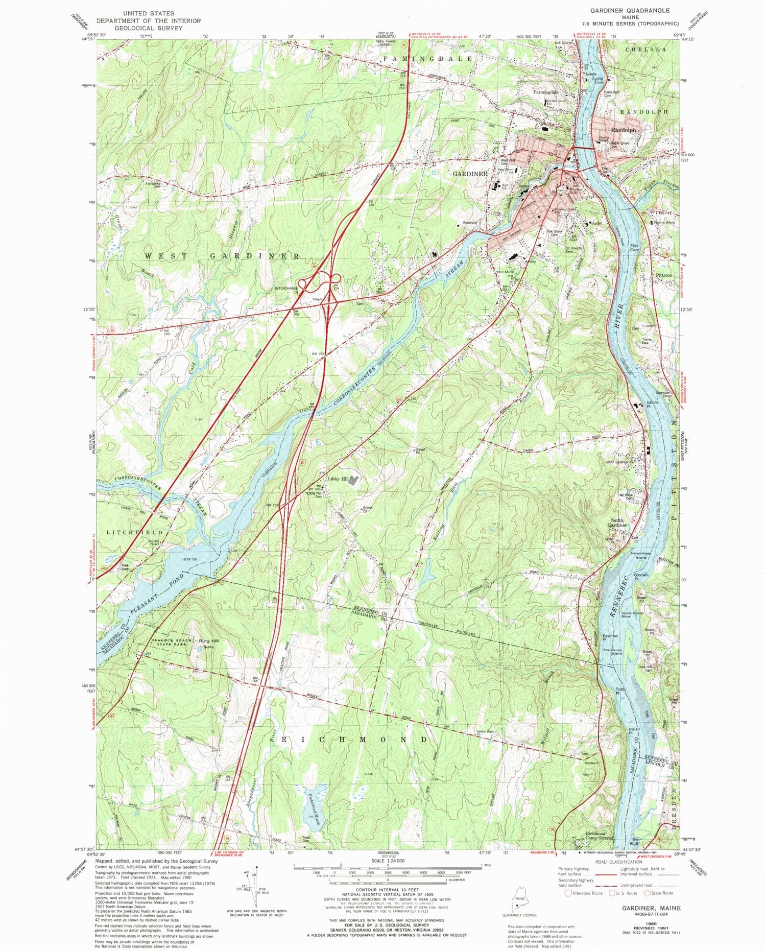 Classic USGS Gardiner Maine 7.5'x7.5' Topo Map Image