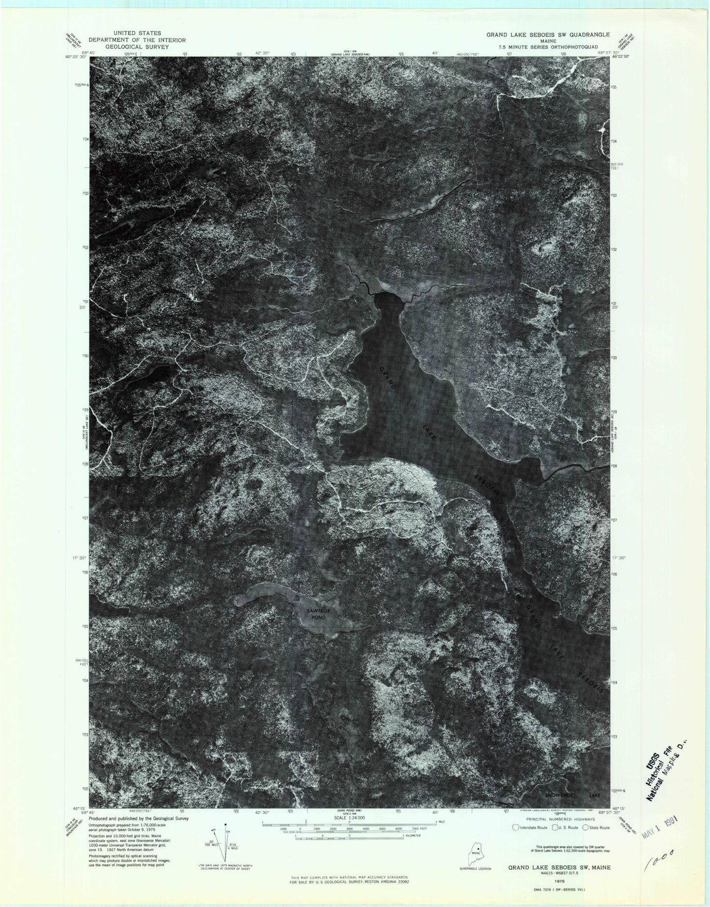 Classic USGS Grand Lake Seboeis Maine 7.5'x7.5' Topo Map Image
