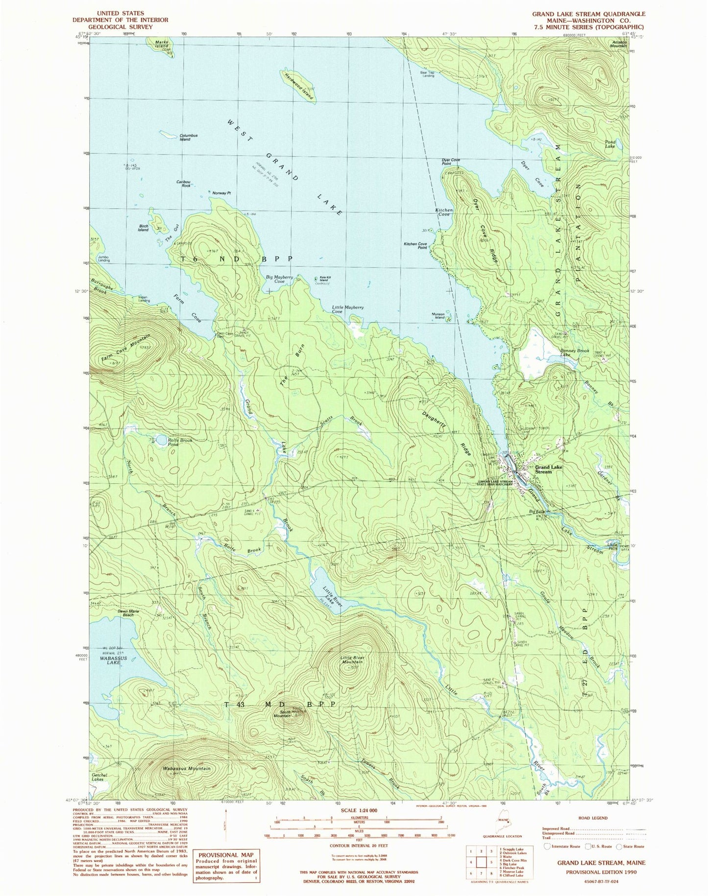 Classic USGS Grand Lake Stream Maine 7.5'x7.5' Topo Map Image