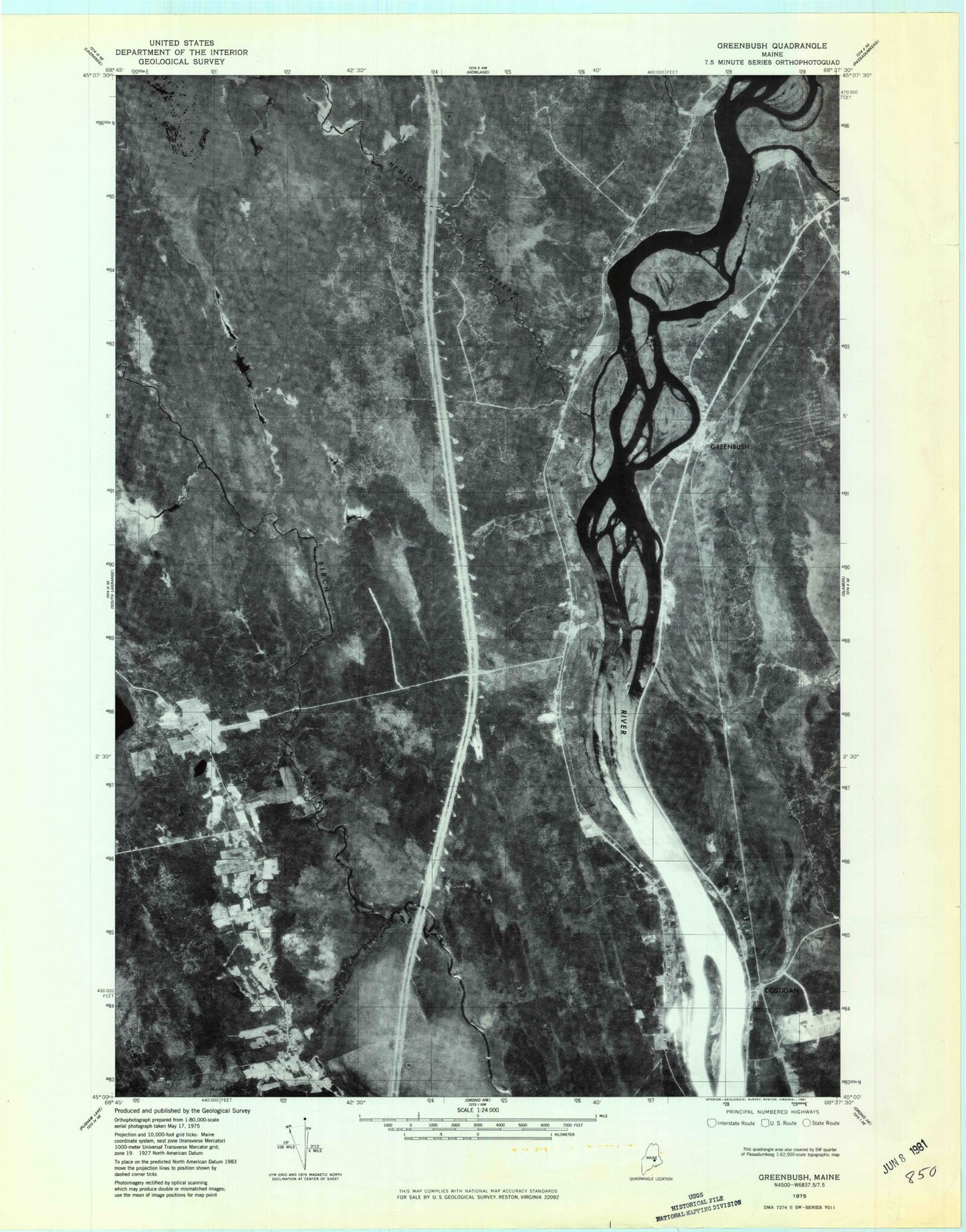 Classic USGS Greenbush Maine 7.5'x7.5' Topo Map Image