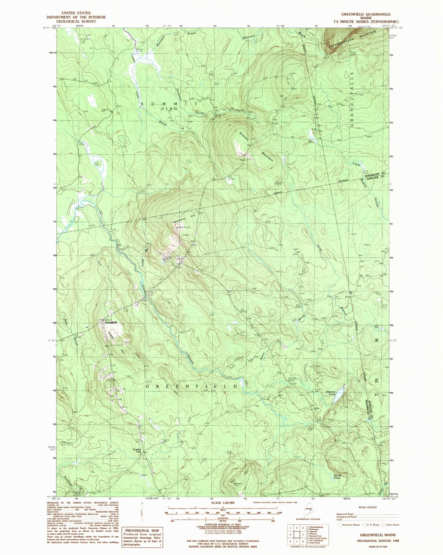 Classic USGS Greenfield Maine 7.5'x7.5' Topo Map Image