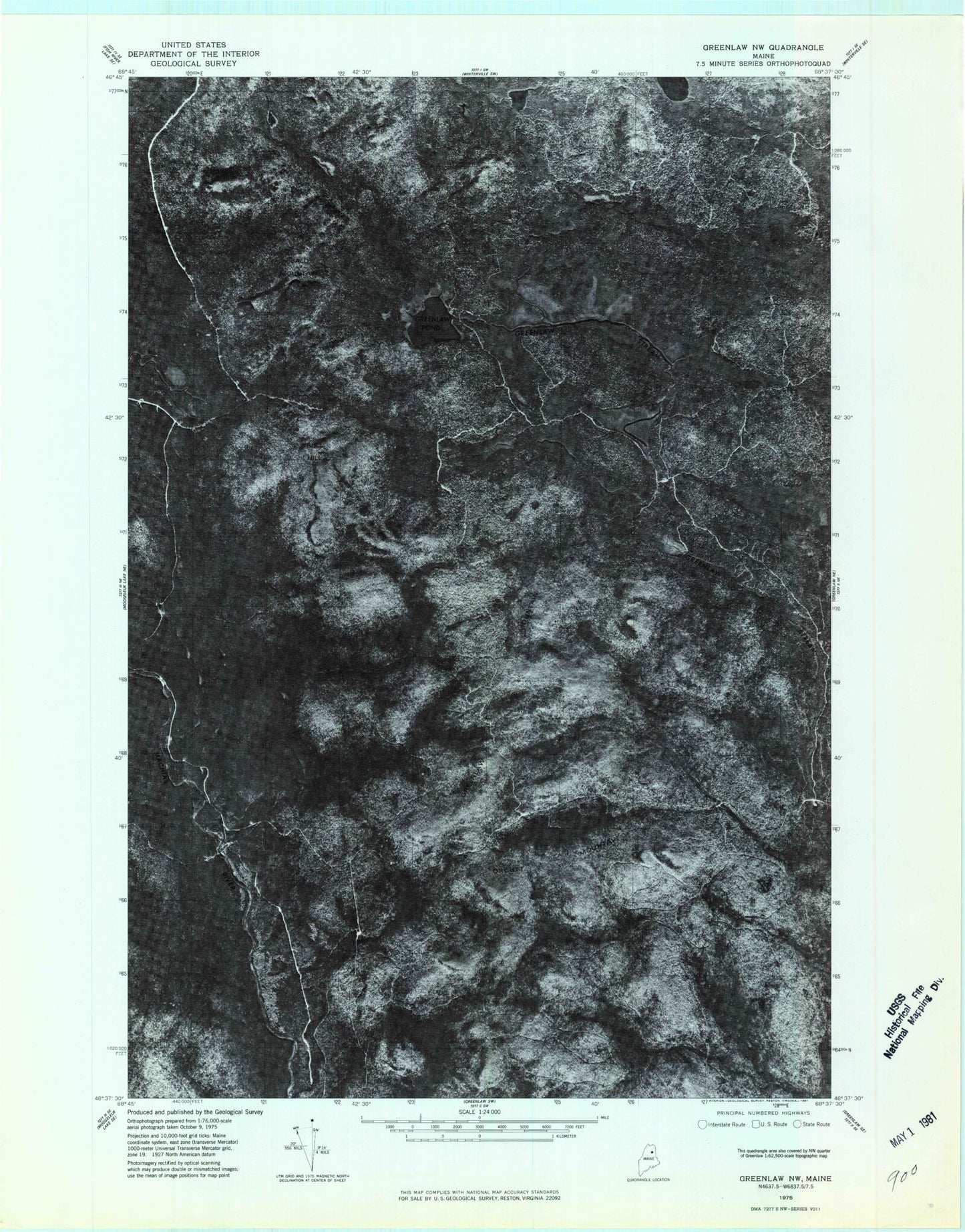 Classic USGS Greenlaw Pond Maine 7.5'x7.5' Topo Map Image