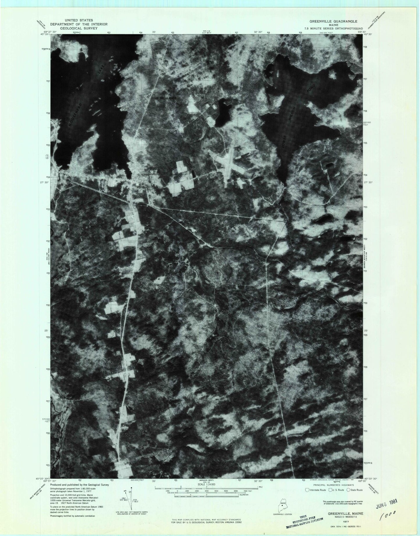 Classic USGS Greenville Maine 7.5'x7.5' Topo Map Image