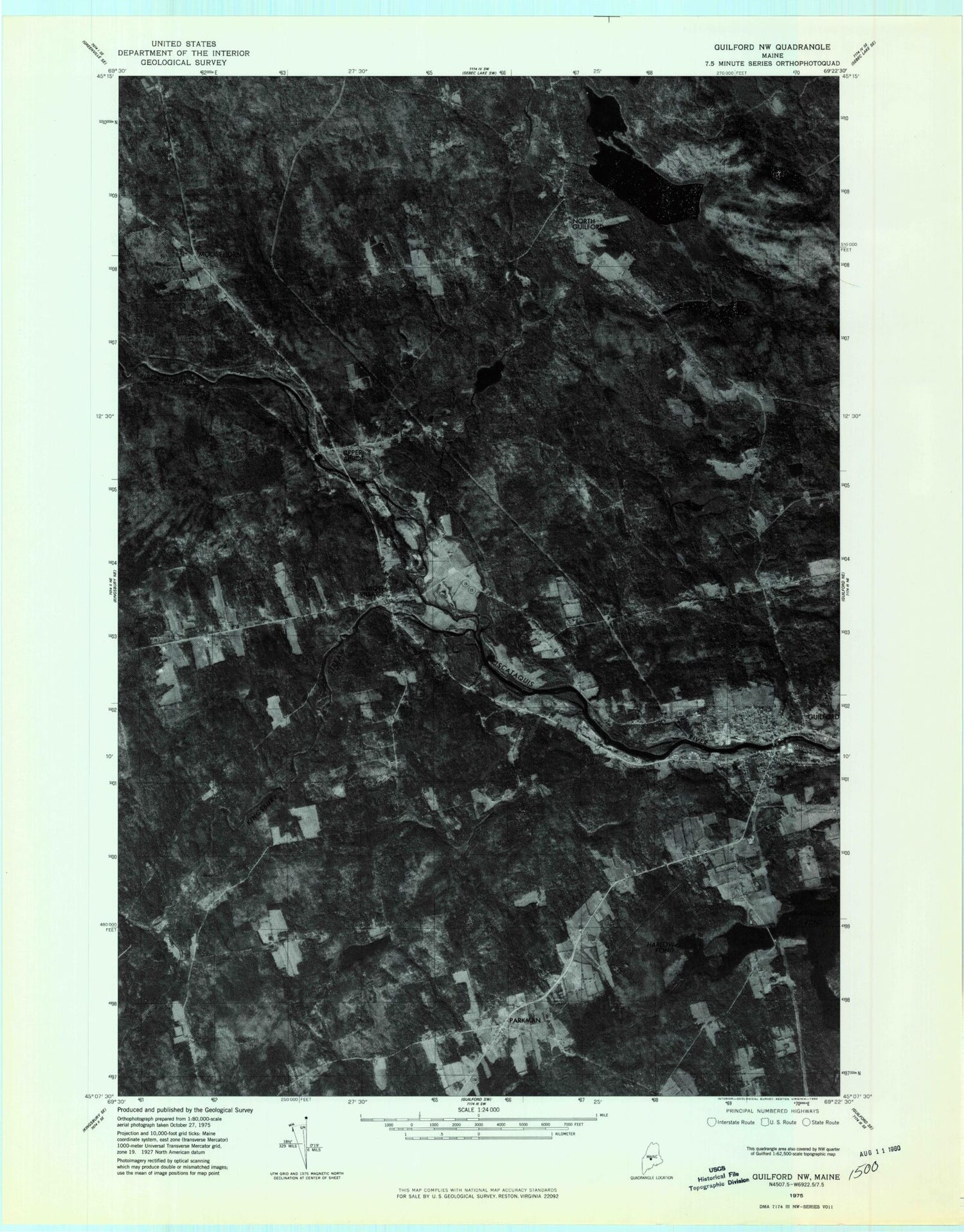 Classic USGS Guilford Maine 7.5'x7.5' Topo Map Image