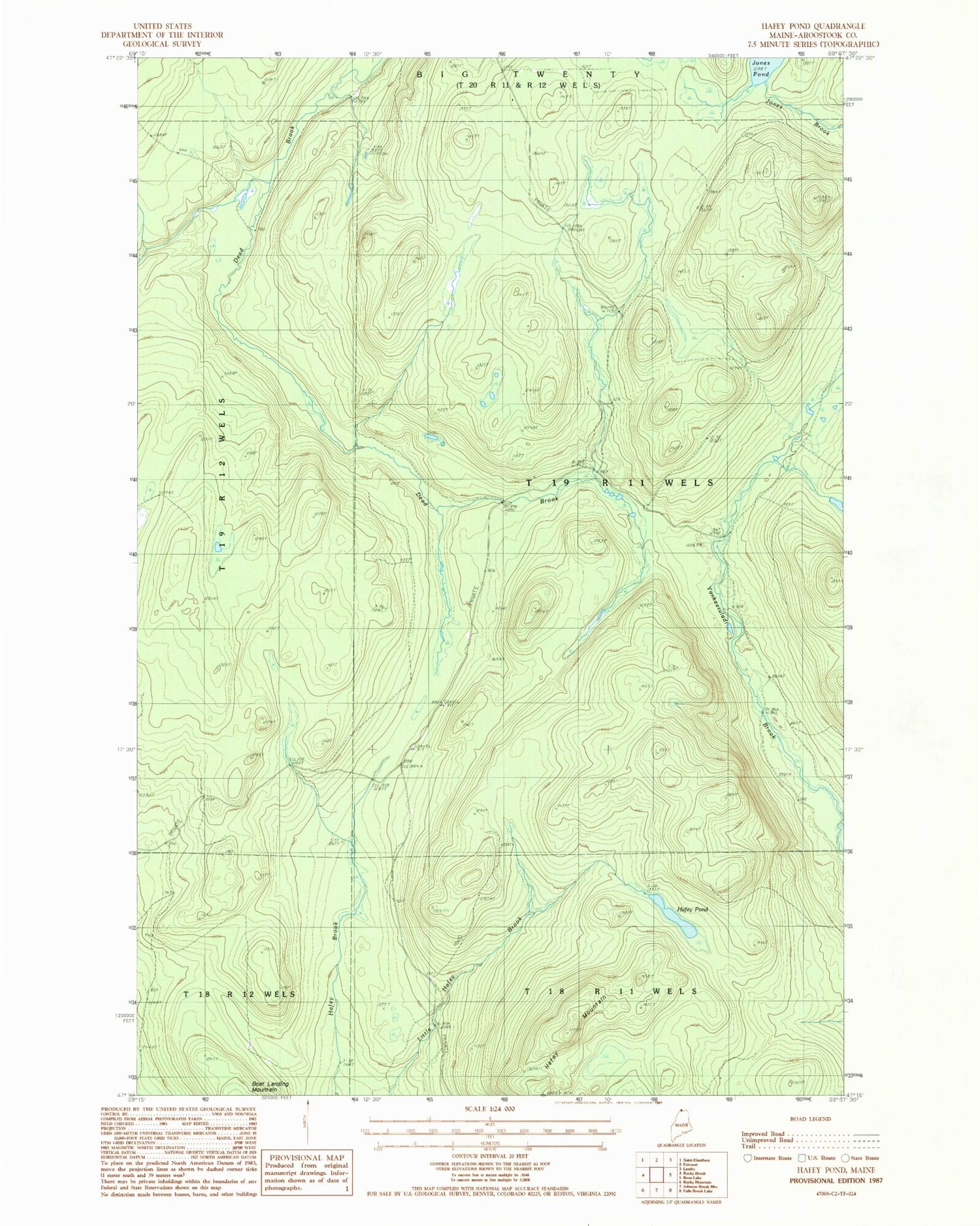 Classic USGS Hafey Pond Maine 7.5'x7.5' Topo Map Image