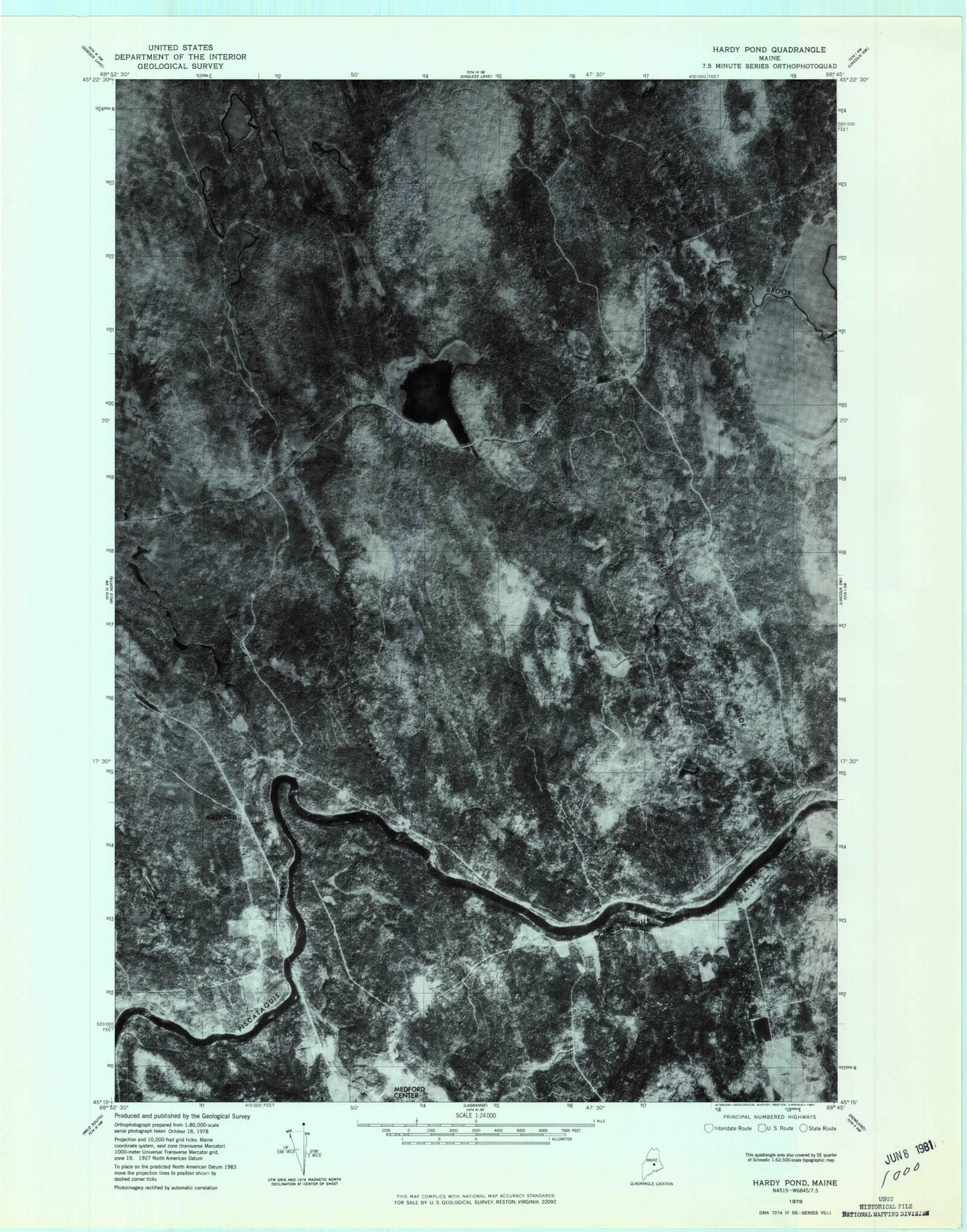 Classic USGS Hardy Pond Maine 7.5'x7.5' Topo Map Image