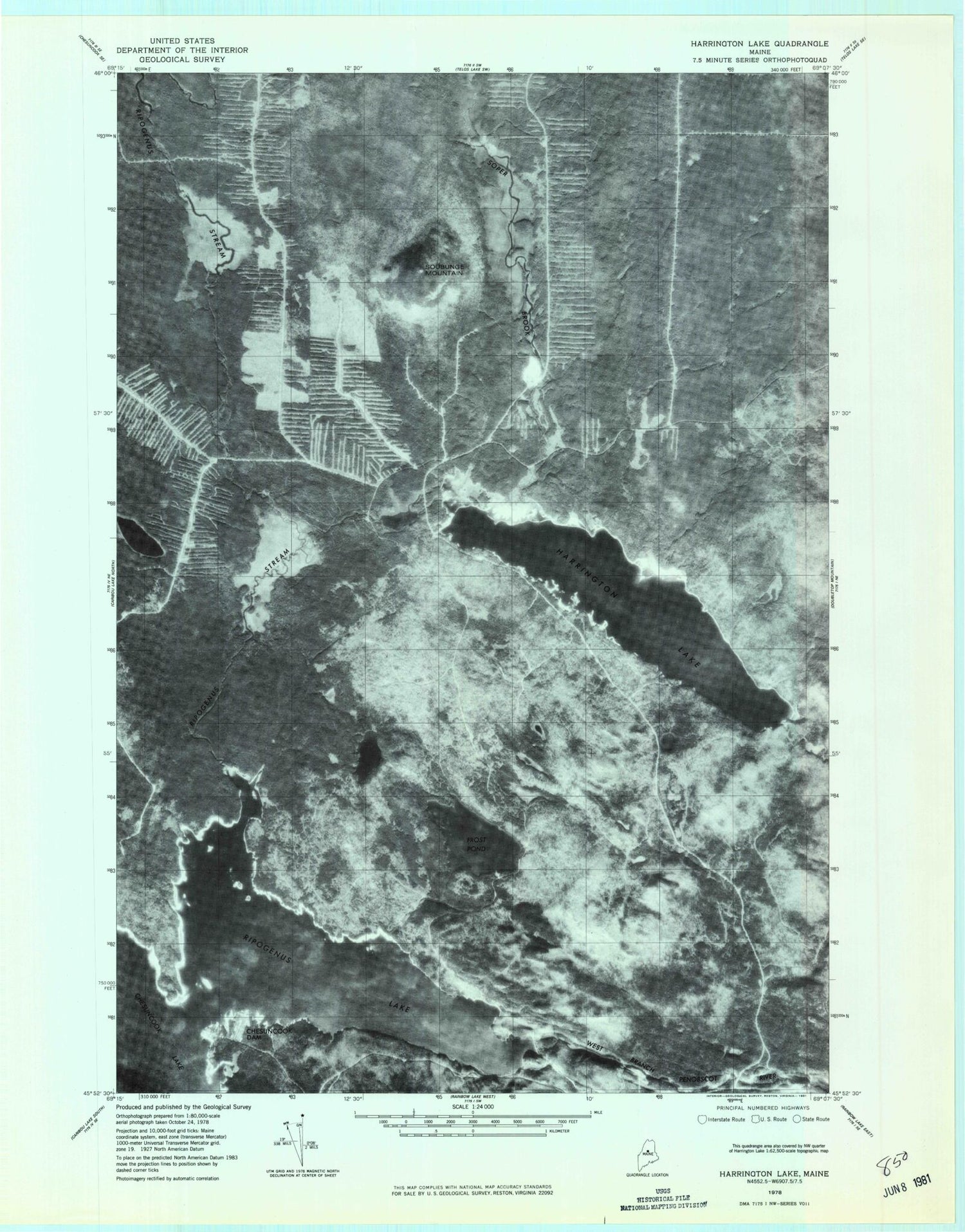 Classic USGS Harrington Lake Maine 7.5'x7.5' Topo Map Image