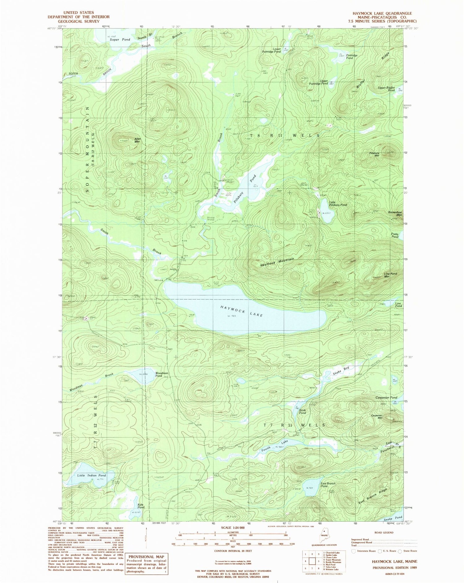 Classic USGS Haymock Lake Maine 7.5'x7.5' Topo Map Image