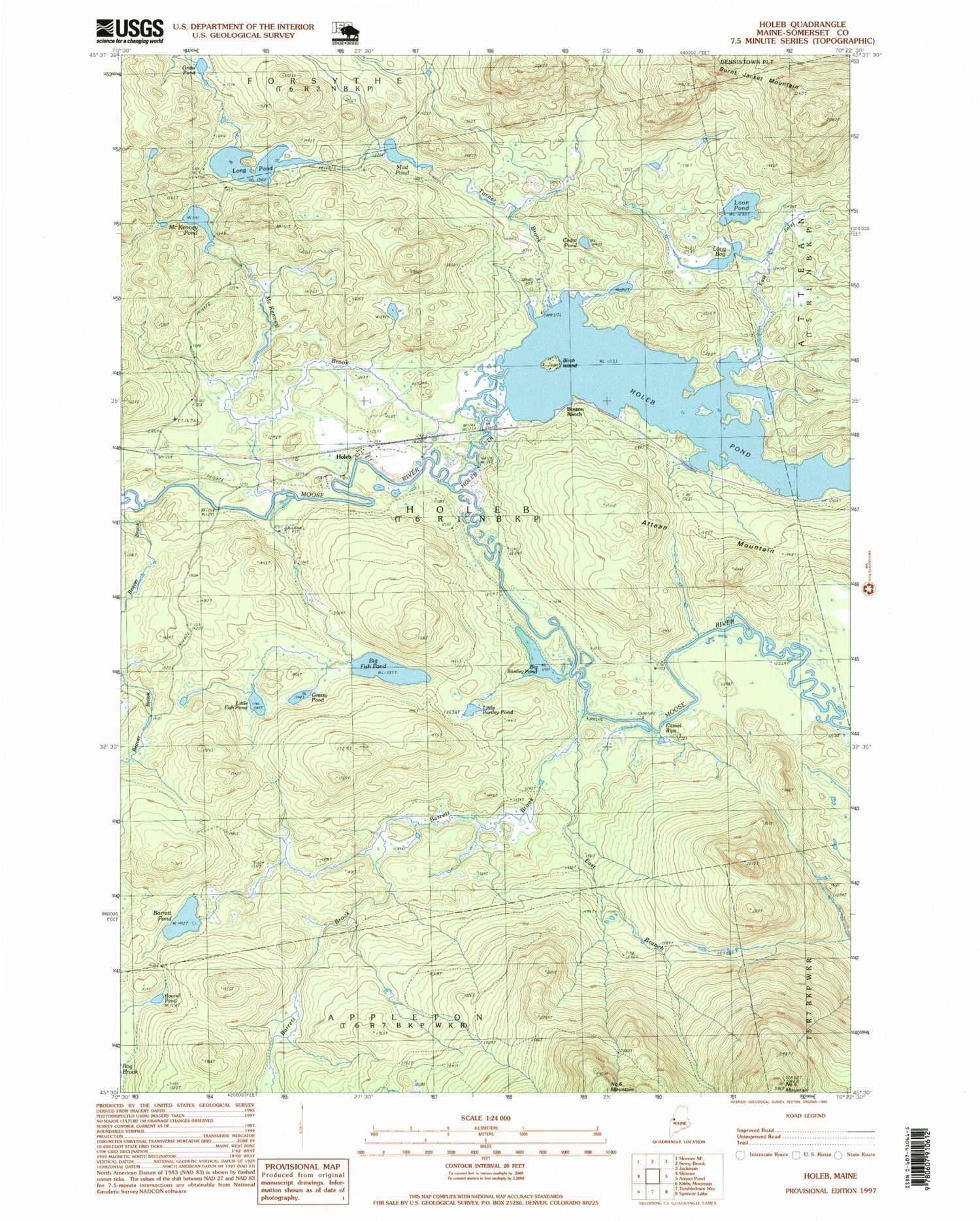 Classic USGS Holeb Maine 7.5'x7.5' Topo Map Image