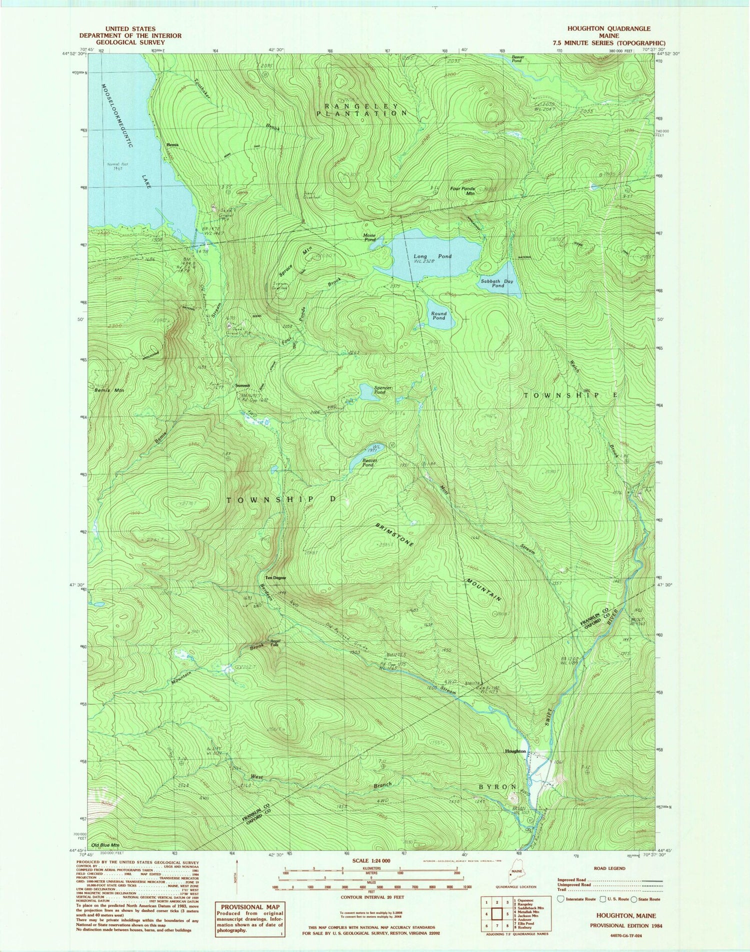 Classic USGS Houghton Maine 7.5'x7.5' Topo Map Image