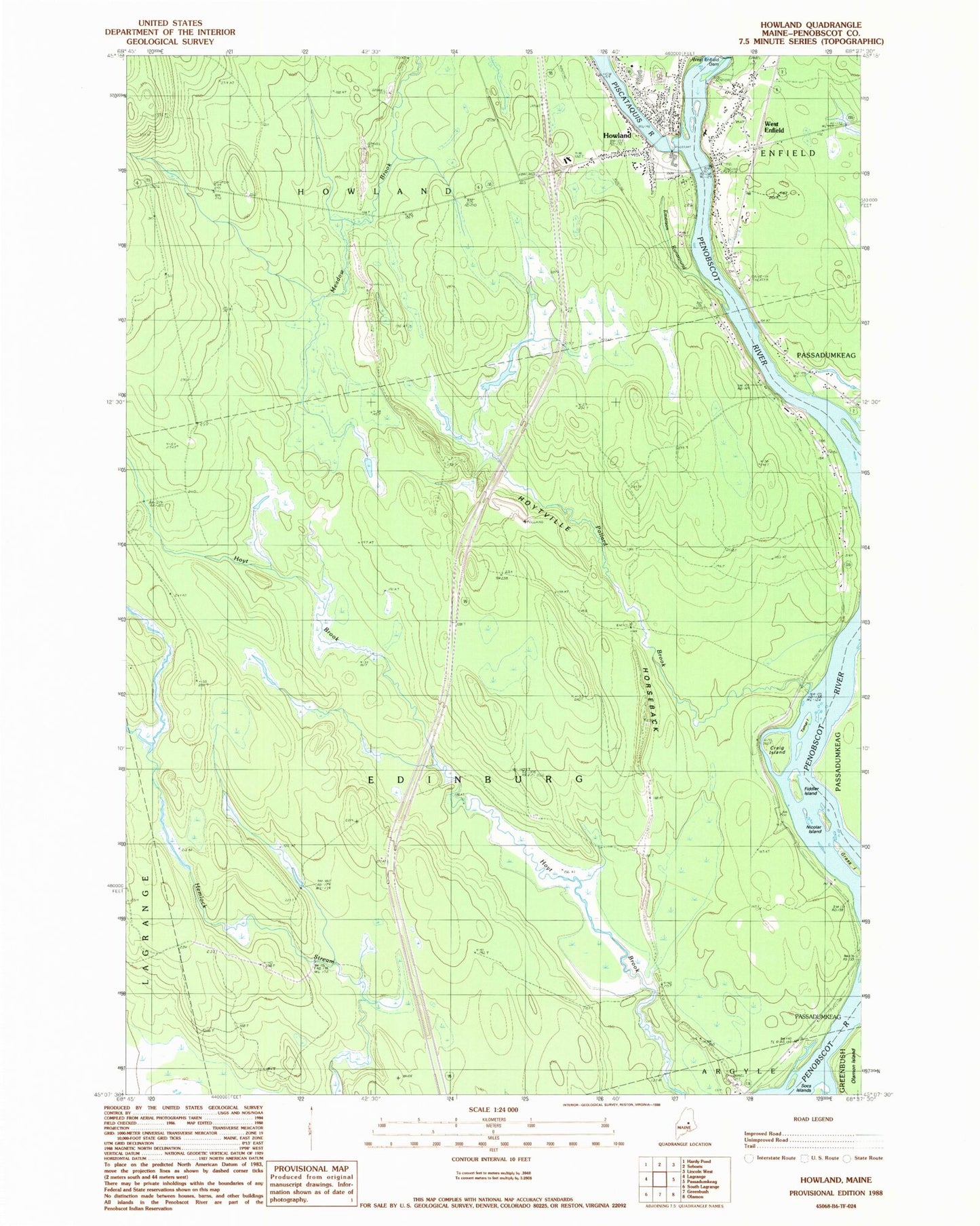 Classic USGS Howland Maine 7.5'x7.5' Topo Map Image