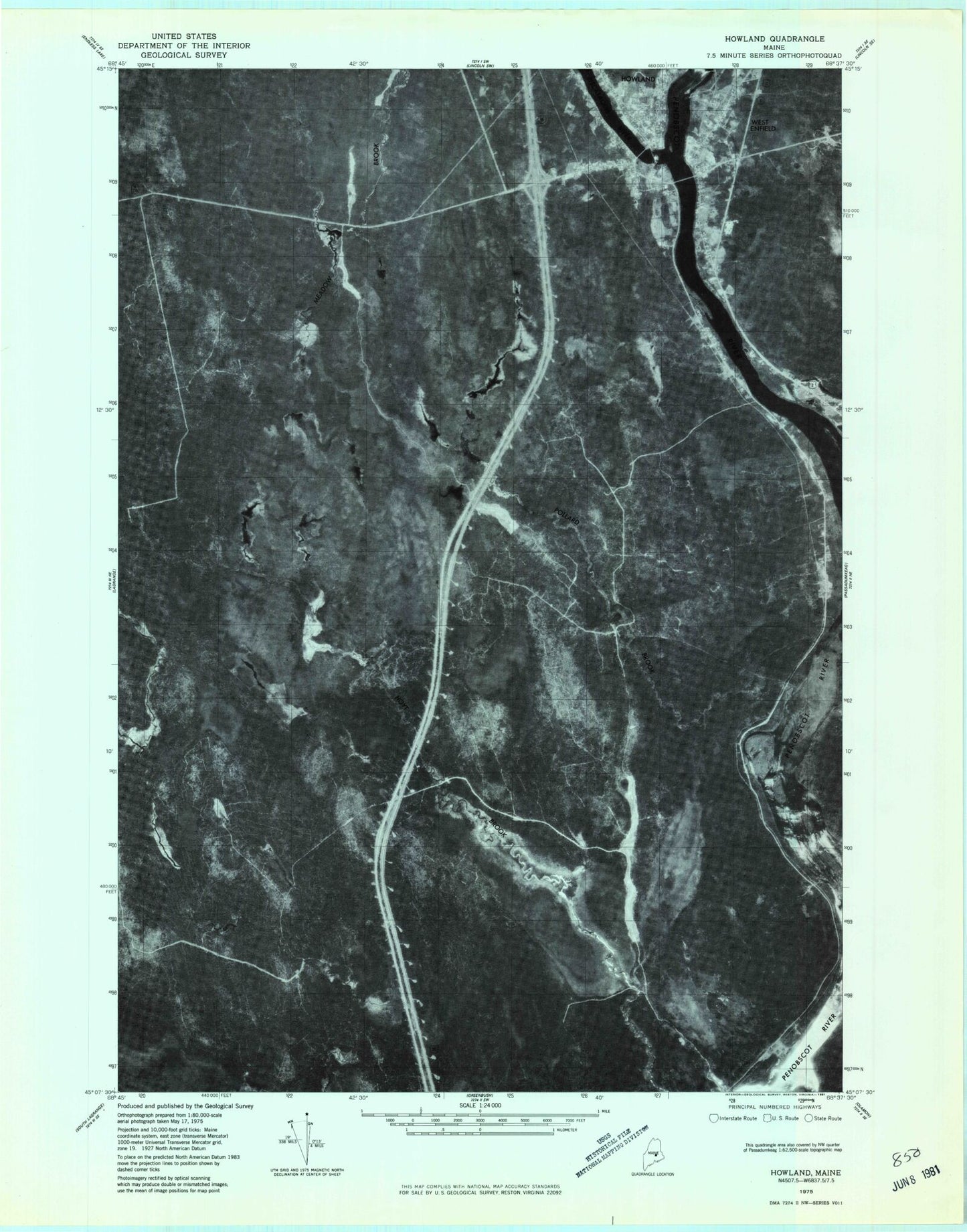 Classic USGS Howland Maine 7.5'x7.5' Topo Map Image