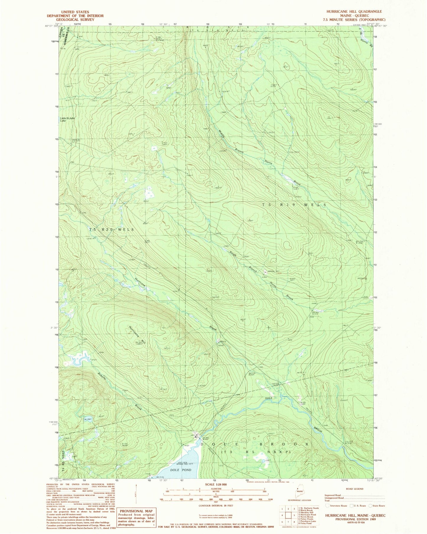 Classic USGS Hurricane Hill Maine 7.5'x7.5' Topo Map Image