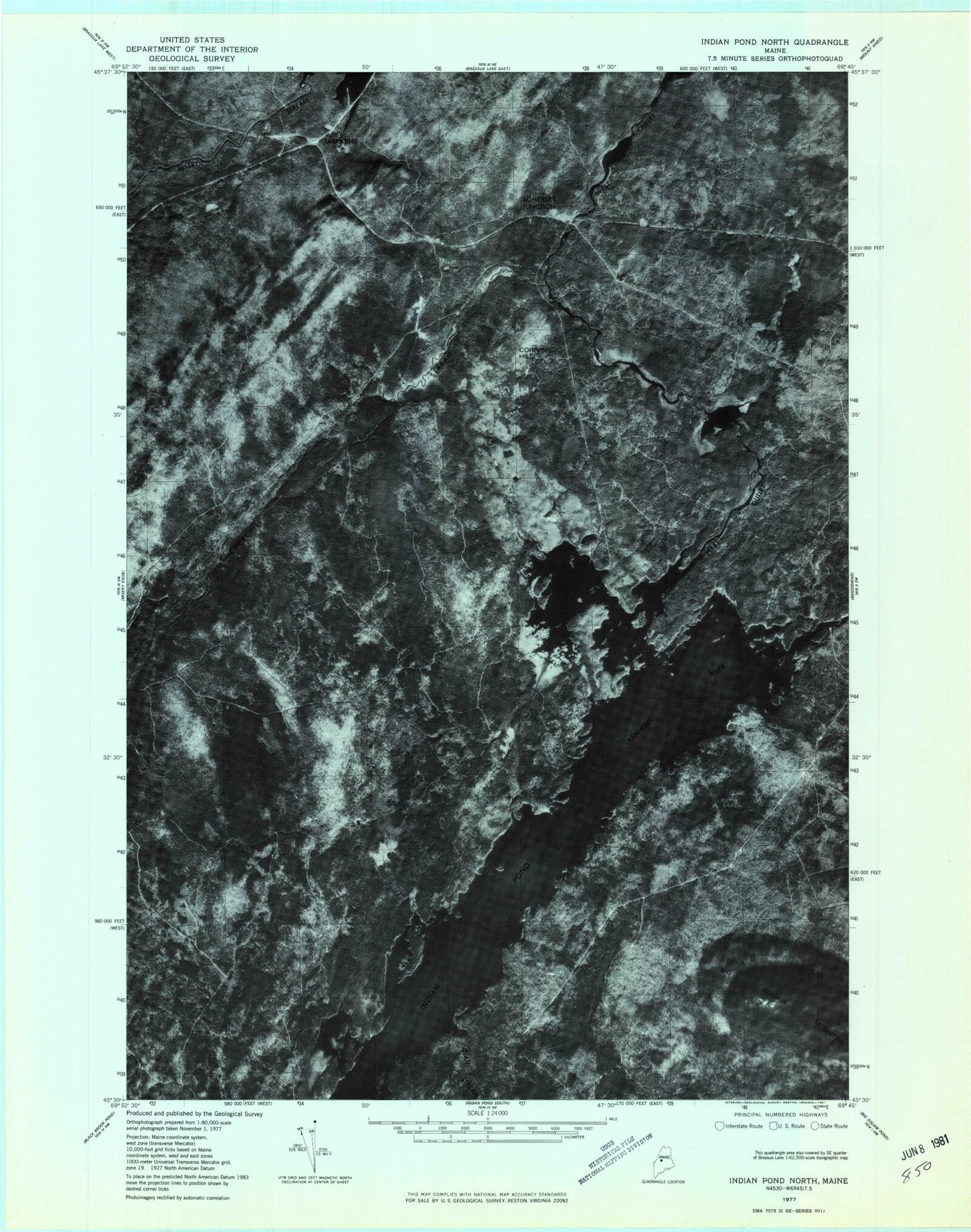 Classic USGS Indian Pond North Maine 7.5'x7.5' Topo Map Image