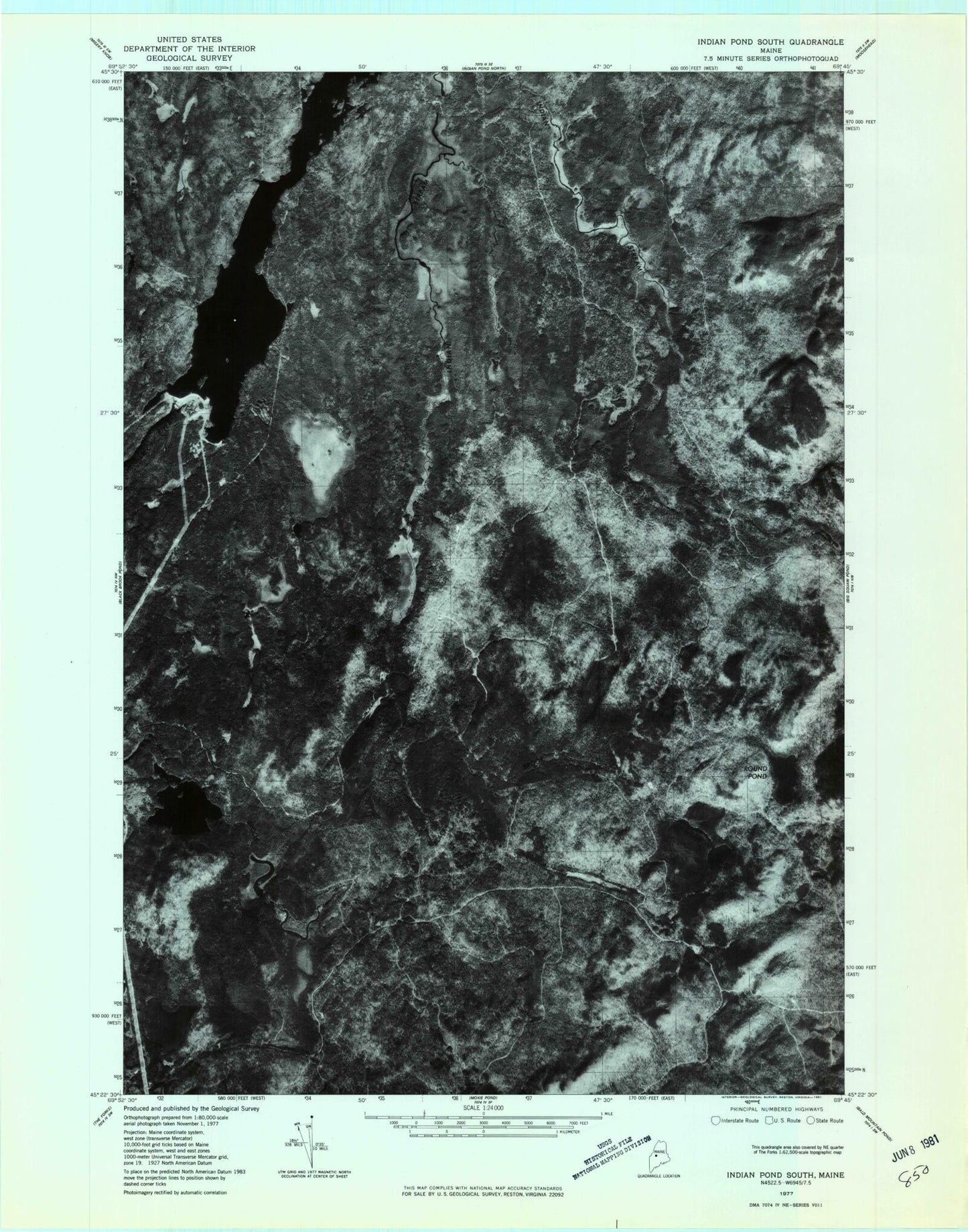 Classic USGS Indian Pond South Maine 7.5'x7.5' Topo Map Image