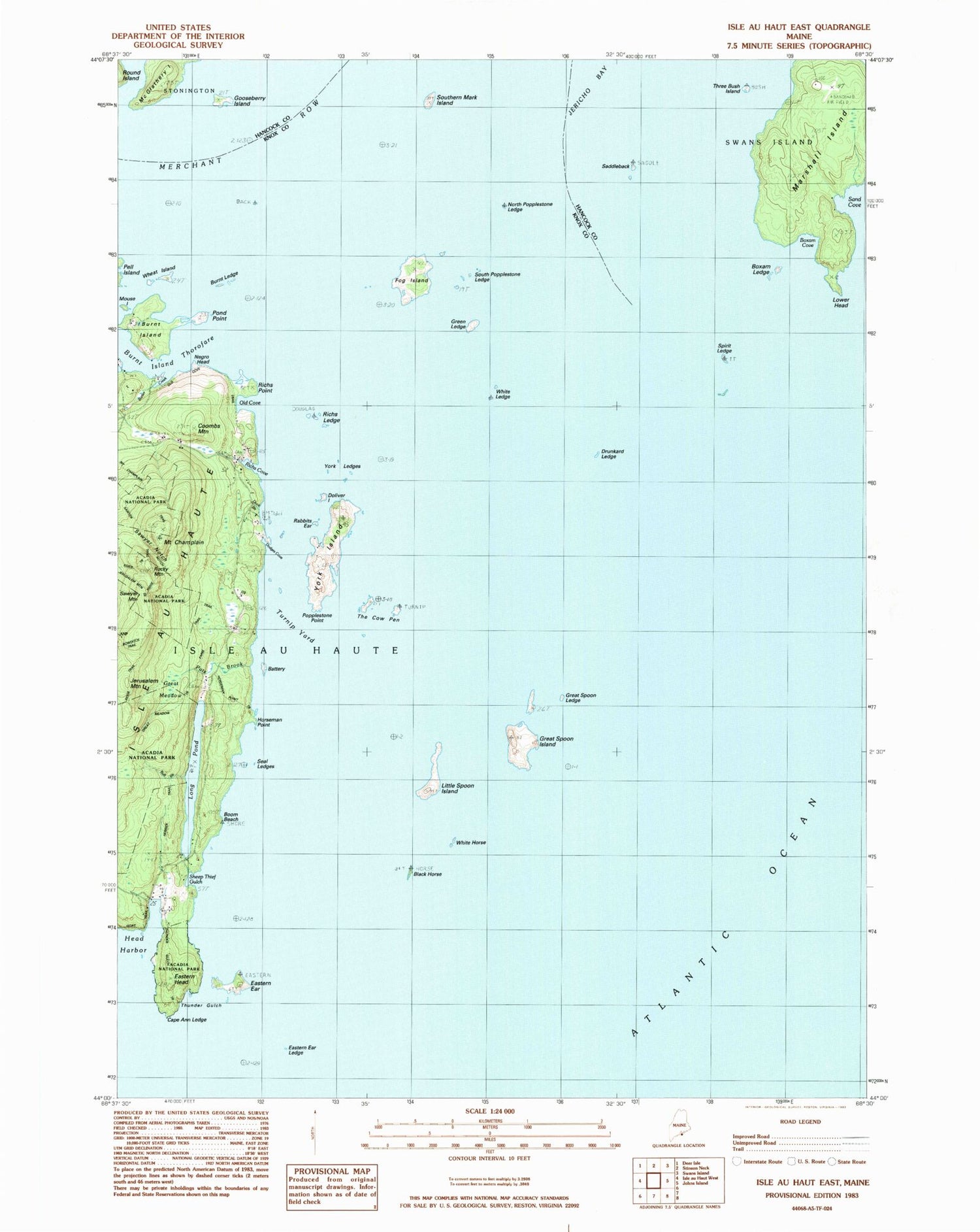 Classic USGS Isle Au Haut East Maine 7.5'x7.5' Topo Map Image