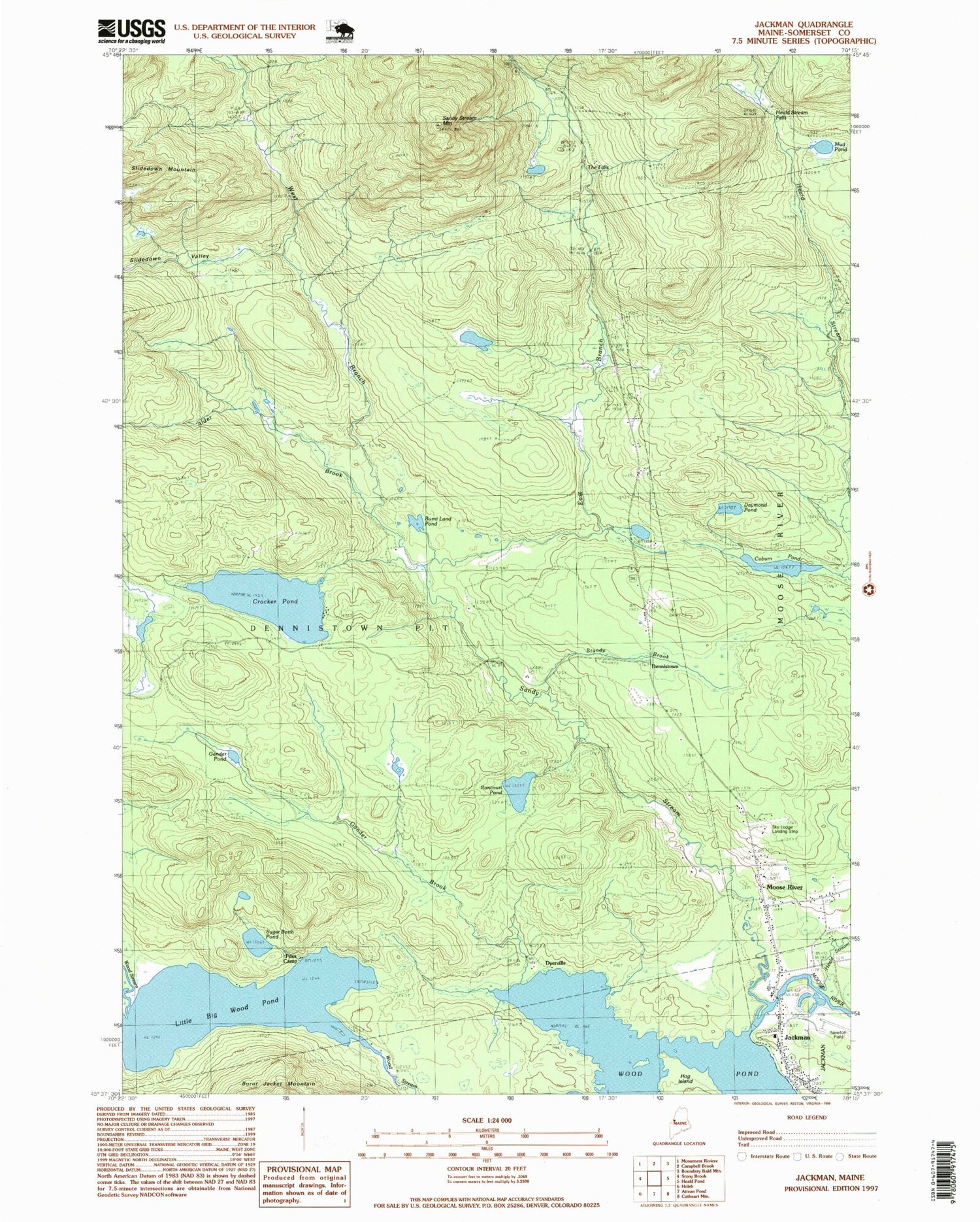Classic USGS Jackman Maine 7.5'x7.5' Topo Map Image