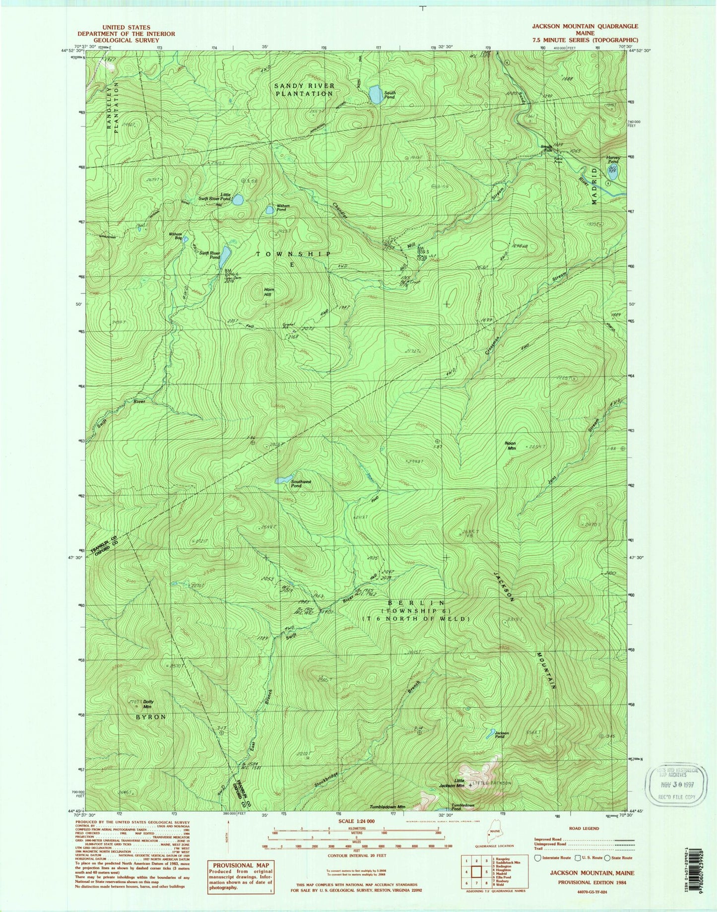 Classic USGS Jackson Mountain Maine 7.5'x7.5' Topo Map Image
