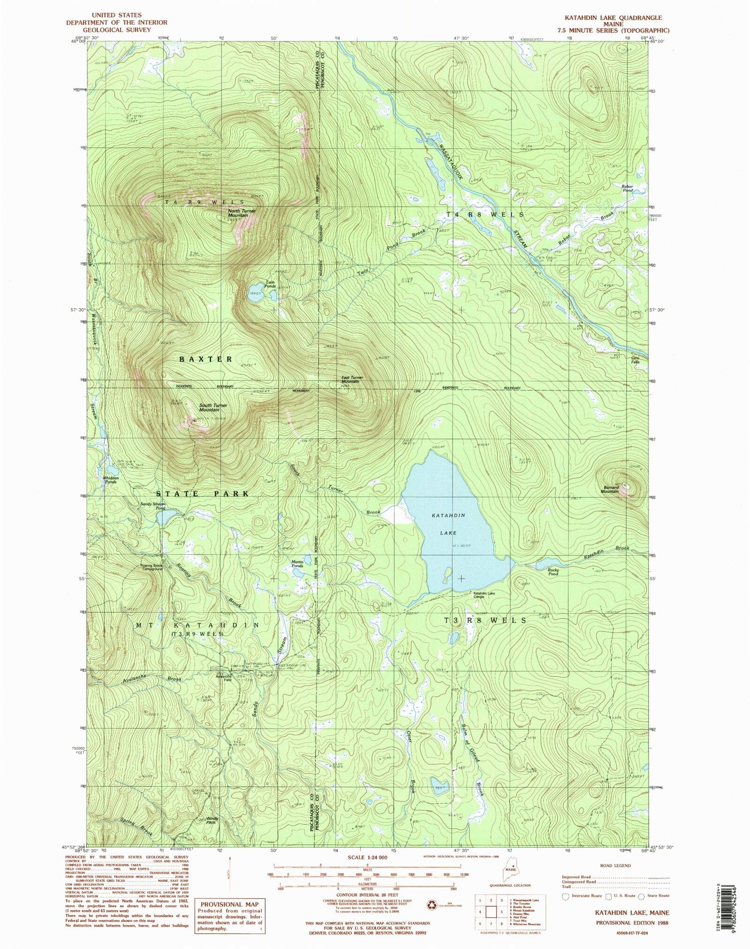 Classic USGS Katahdin Lake Maine 7.5'x7.5' Topo Map Image
