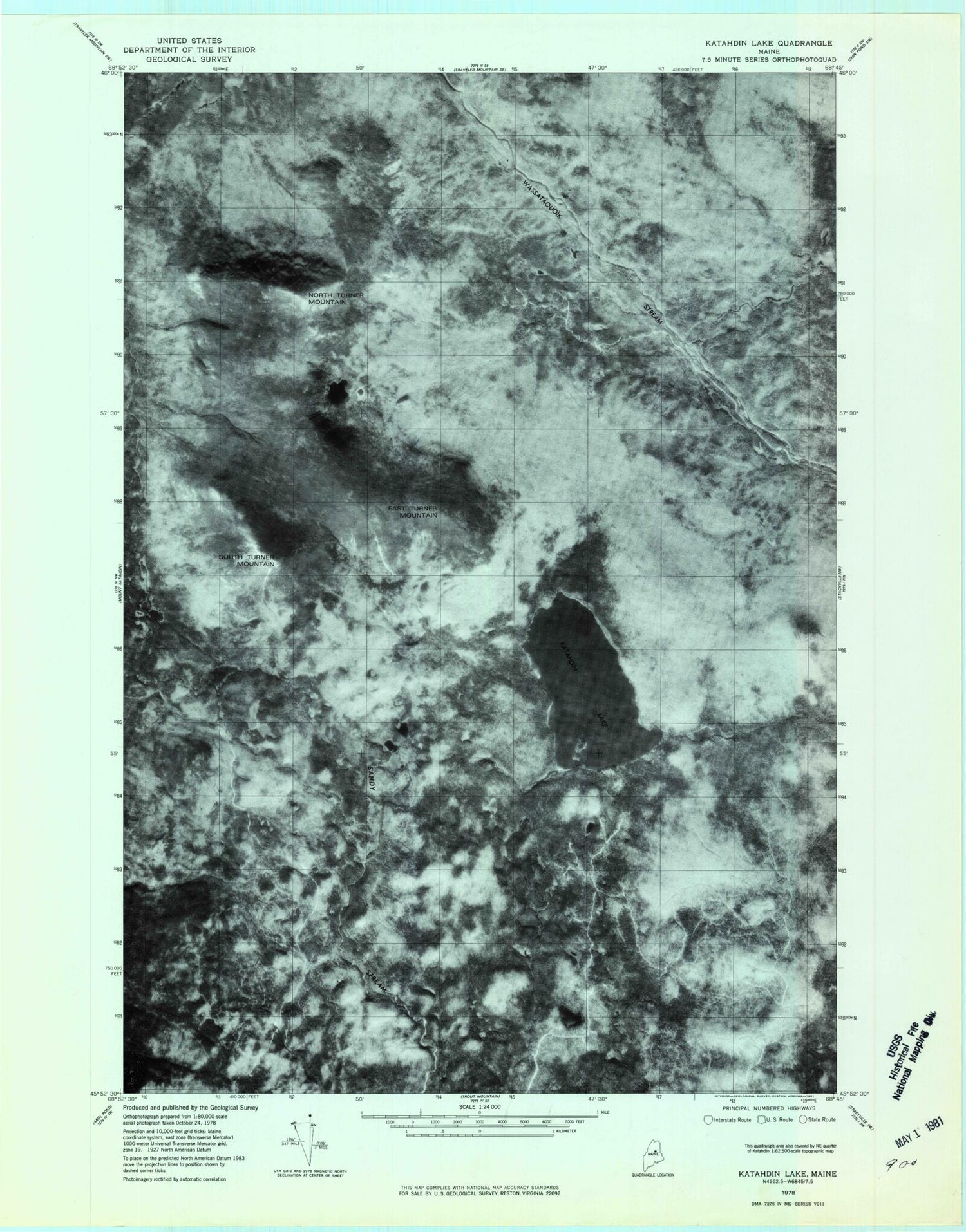 Classic USGS Katahdin Lake Maine 7.5'x7.5' Topo Map Image