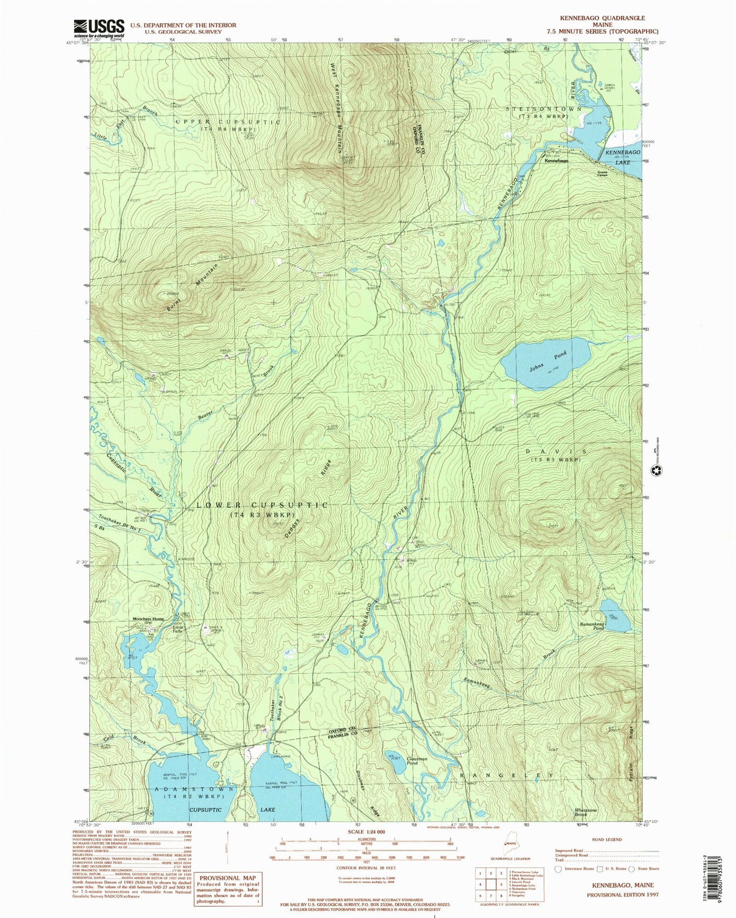 Classic USGS Kennebago Maine 7.5'x7.5' Topo Map Image
