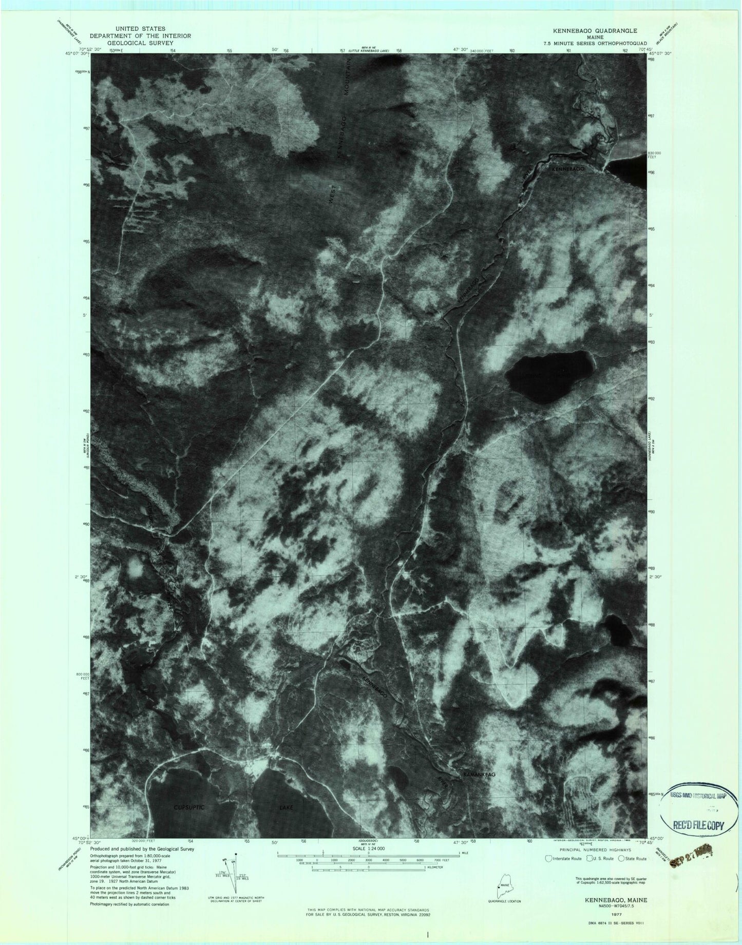 Classic USGS Kennebago Maine 7.5'x7.5' Topo Map Image