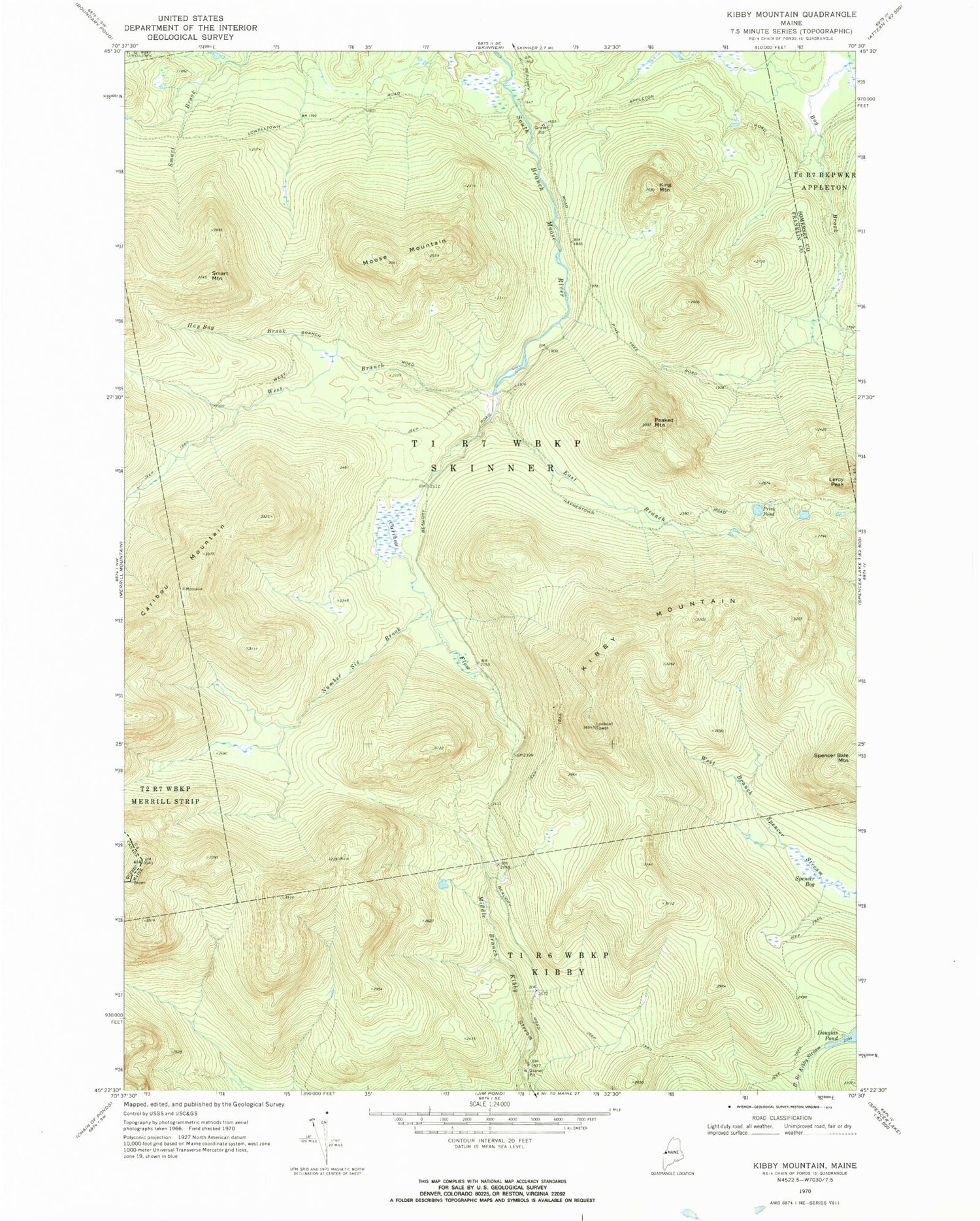 Classic USGS Kibby Mountain Maine 7.5'x7.5' Topo Map Image