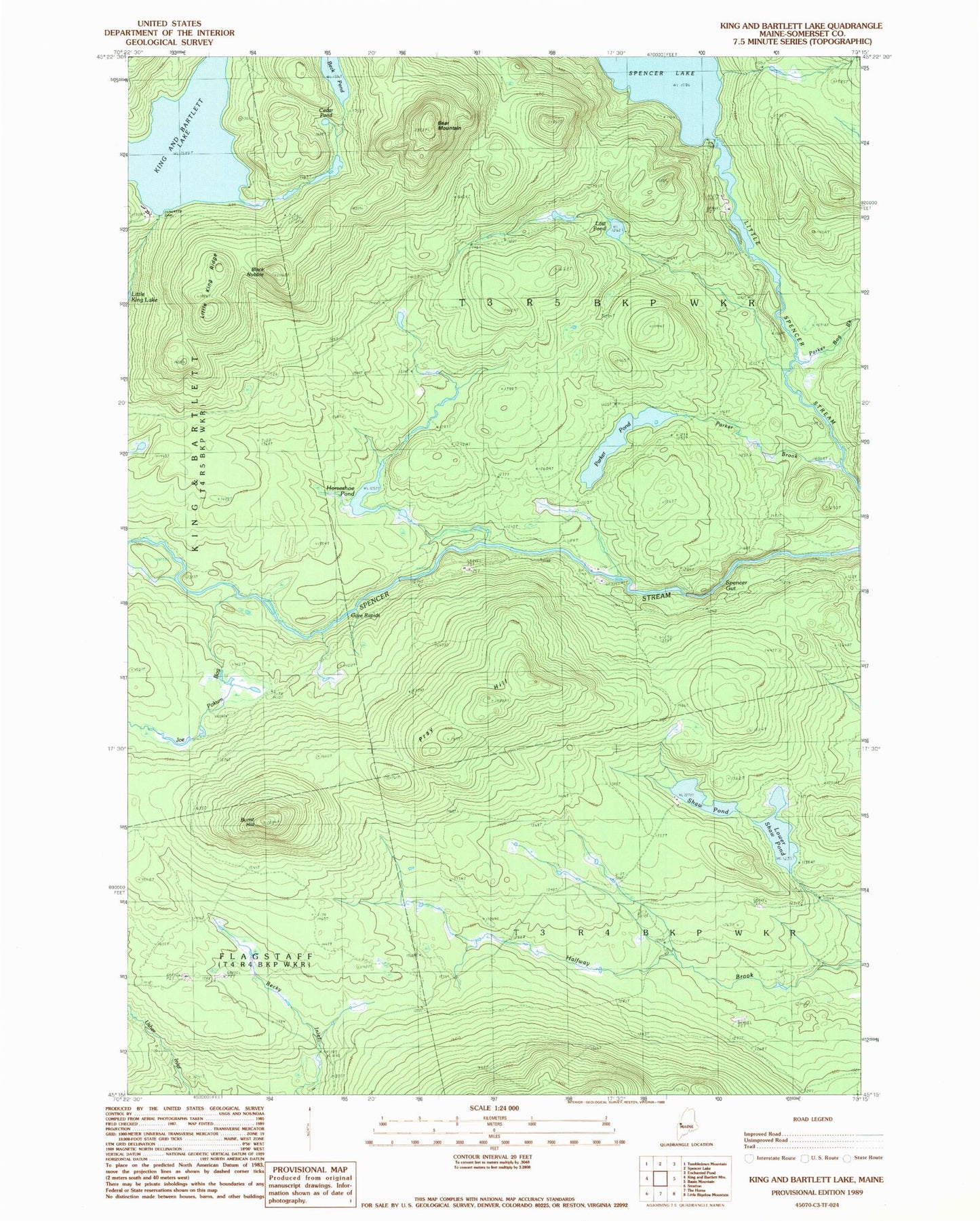 Classic USGS King And Bartlett Lake Maine 7.5'x7.5' Topo Map Image