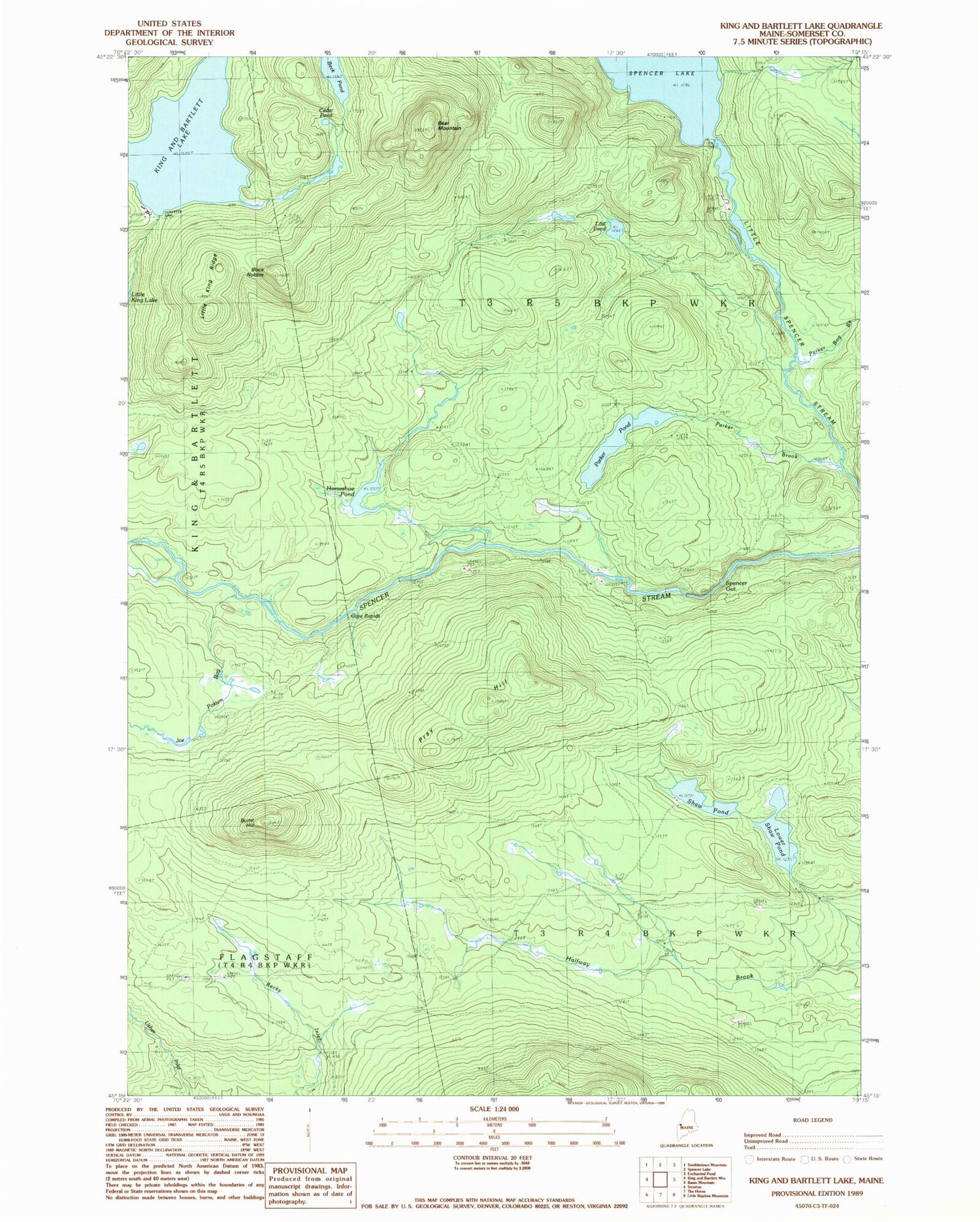 Classic USGS King And Bartlett Lake Maine 7.5'x7.5' Topo Map Image