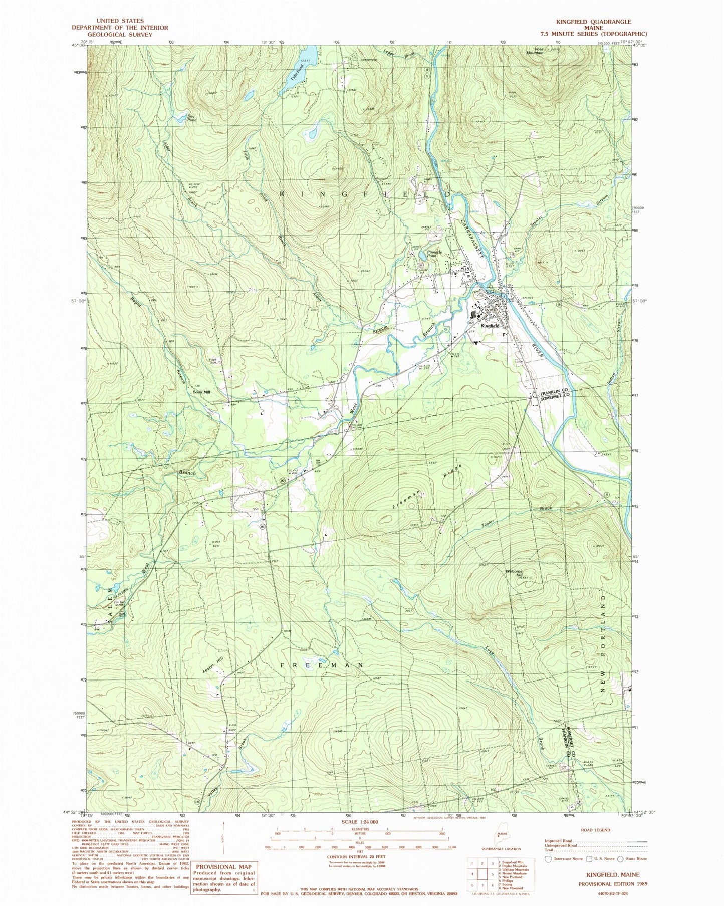 Classic USGS Kingfield Maine 7.5'x7.5' Topo Map Image
