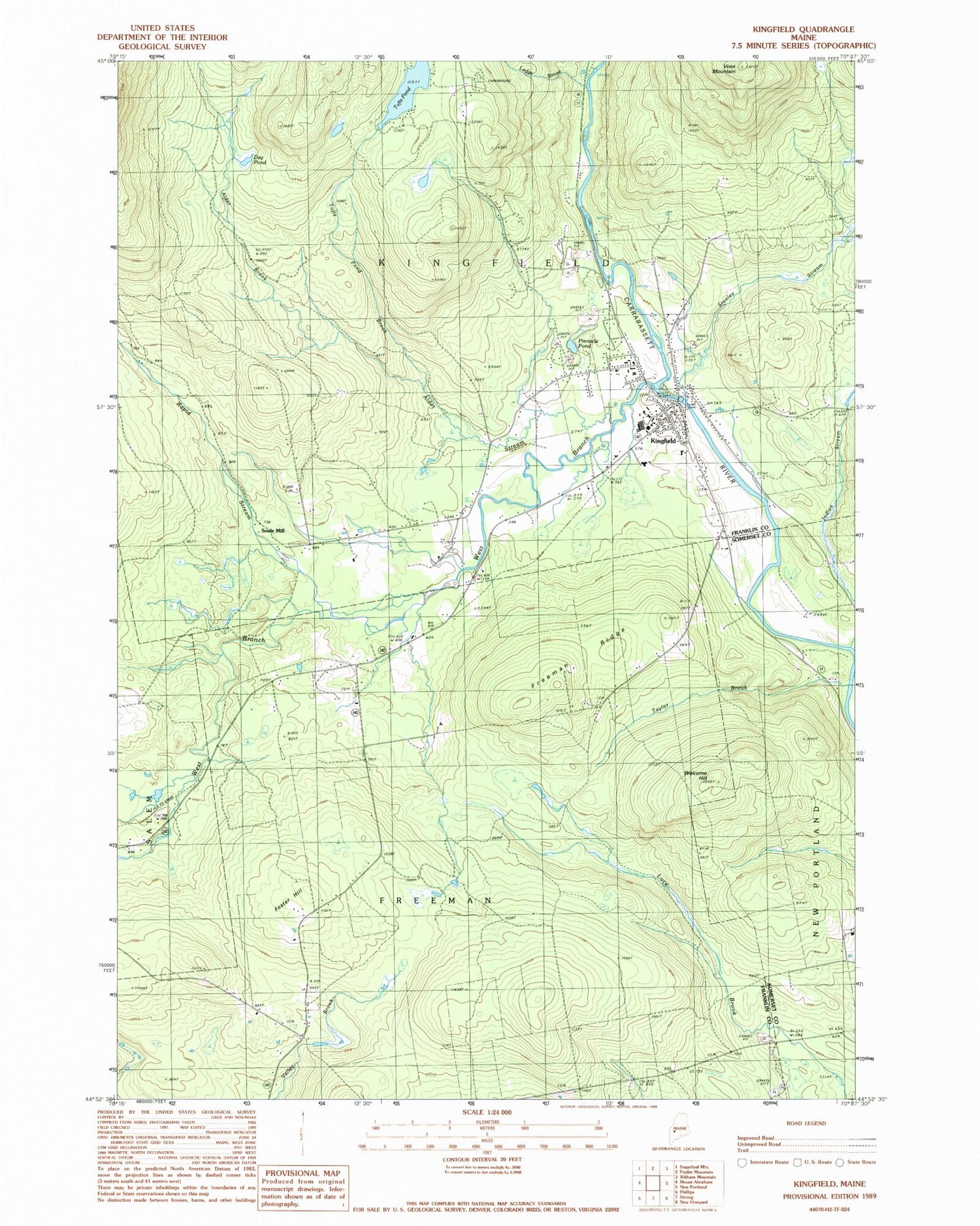 Classic USGS Kingfield Maine 7.5'x7.5' Topo Map Image