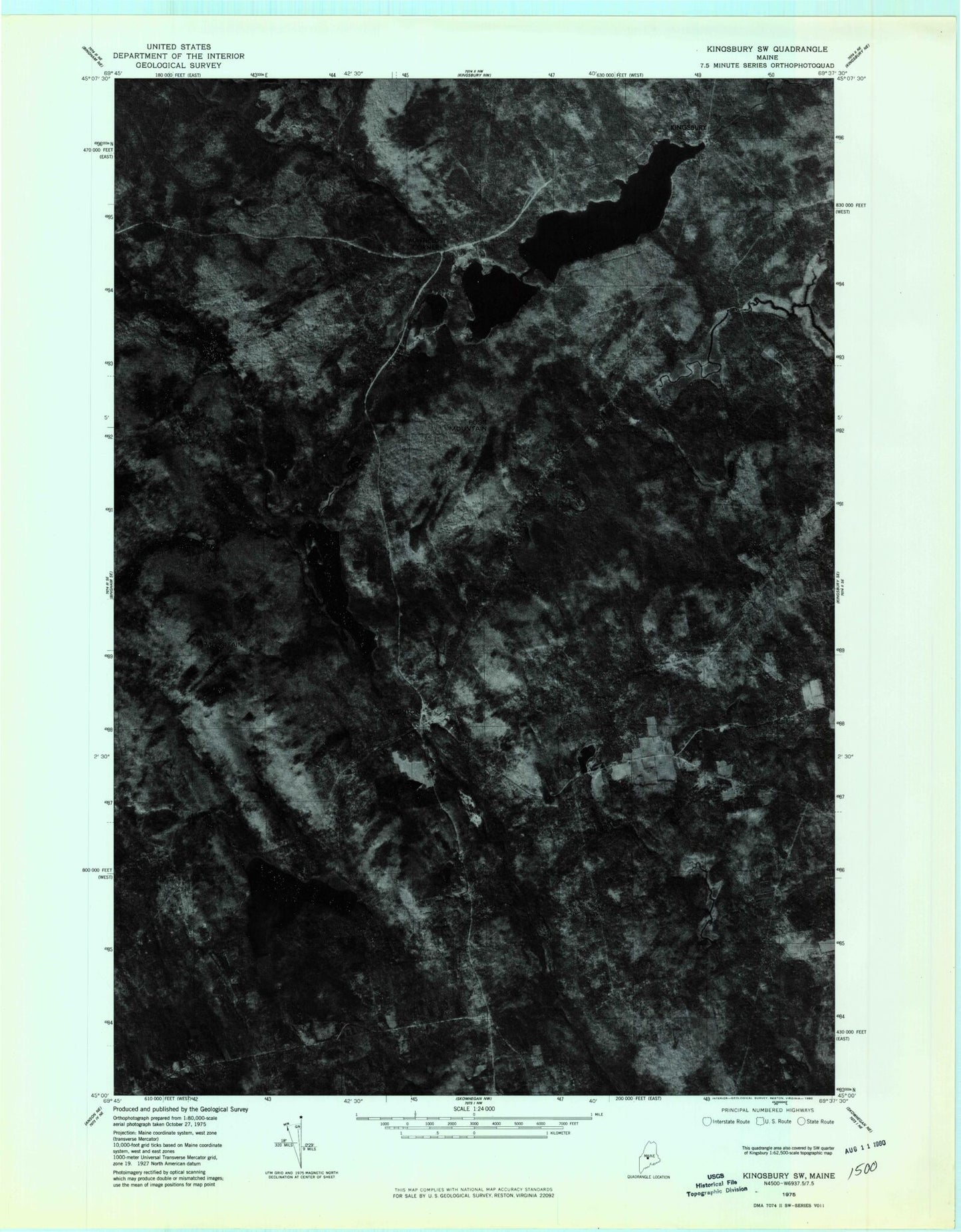 Classic USGS Kingsbury Maine 7.5'x7.5' Topo Map Image