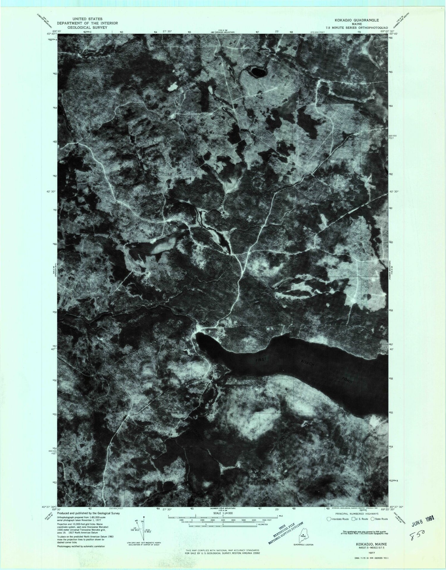 Classic USGS Kokadjo Maine 7.5'x7.5' Topo Map Image