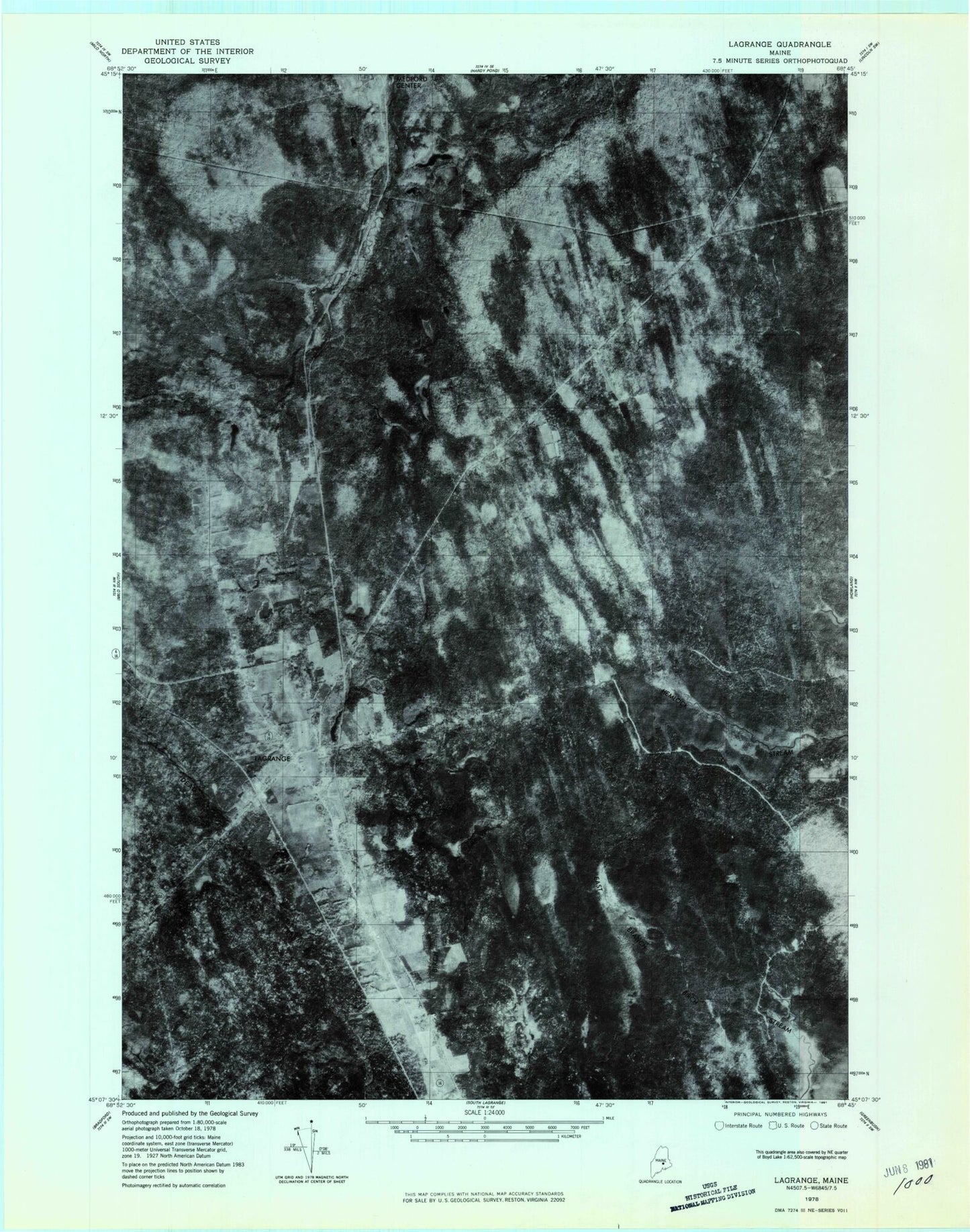 Classic USGS Lagrange Maine 7.5'x7.5' Topo Map Image