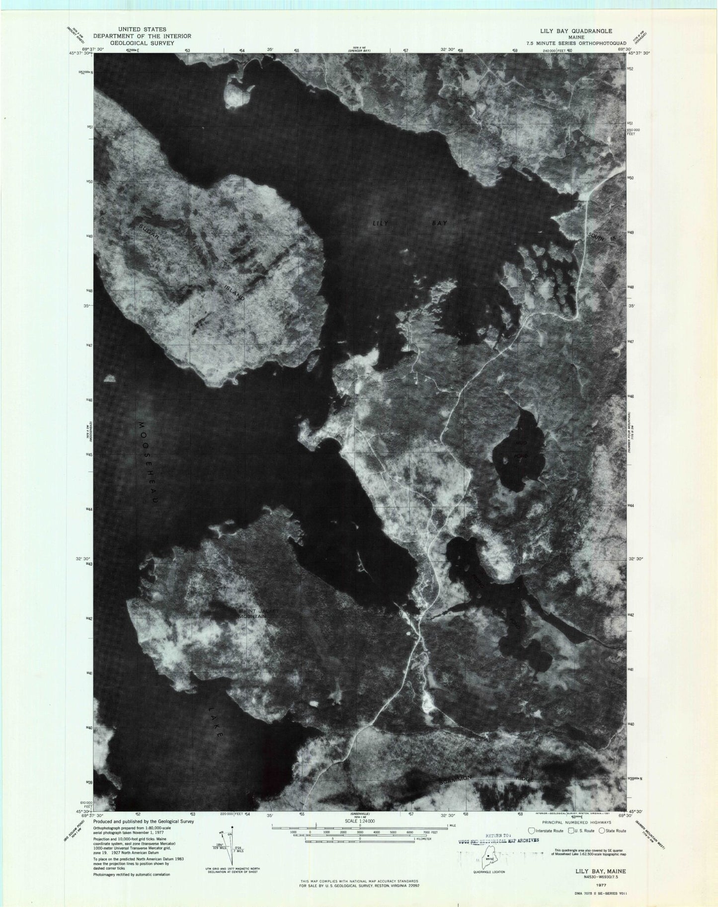 Classic USGS Lily Bay Maine 7.5'x7.5' Topo Map Image