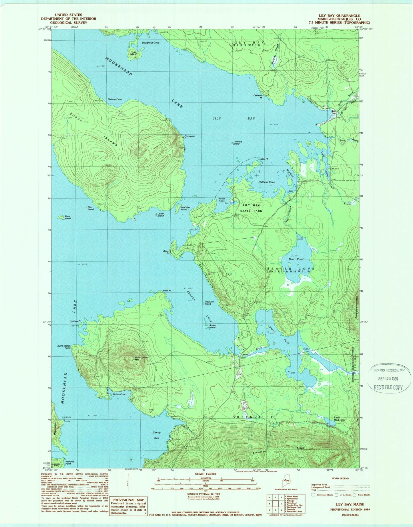 Classic USGS Lily Bay Maine 7.5'x7.5' Topo Map Image