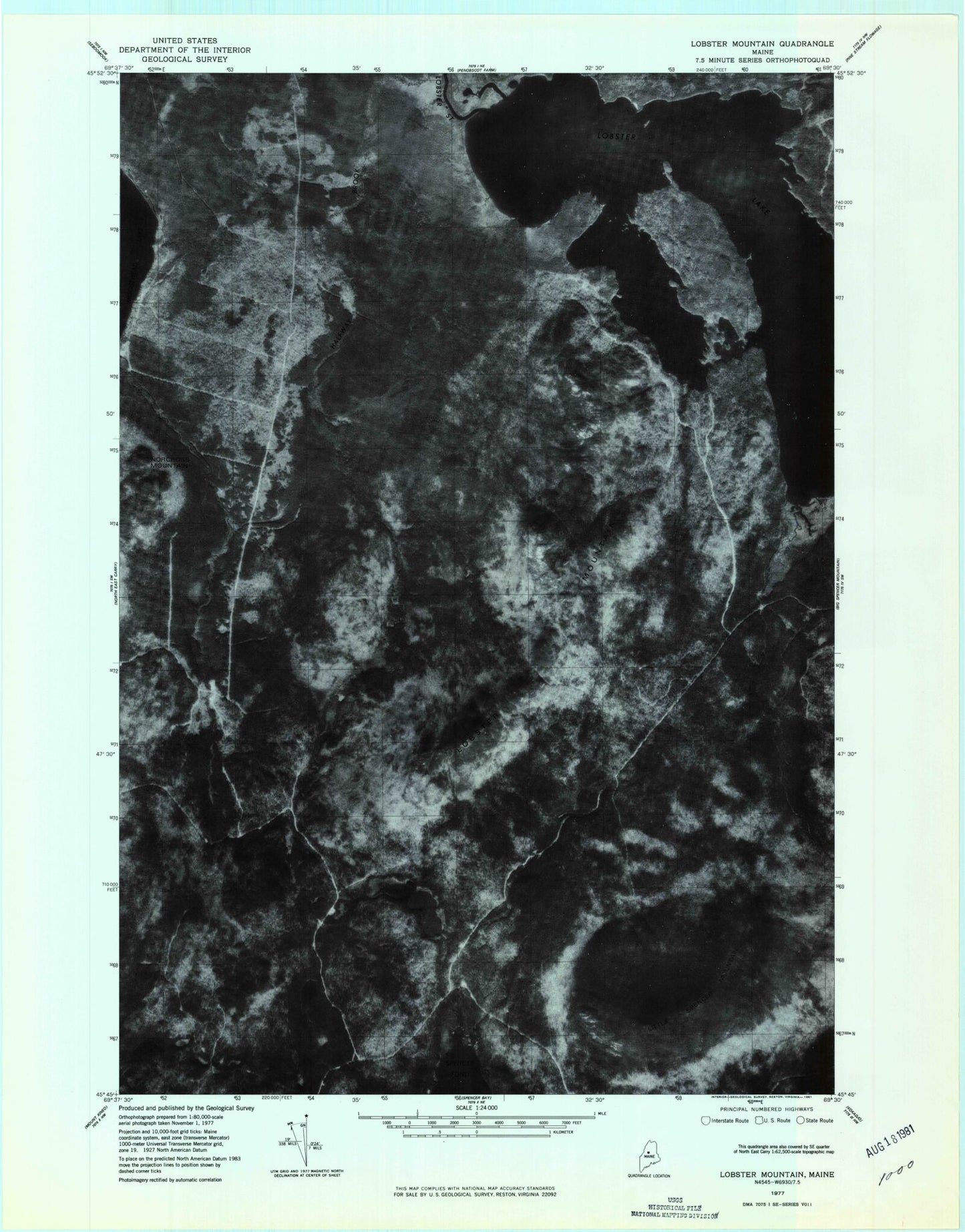 Classic USGS Lobster Mountain Maine 7.5'x7.5' Topo Map Image