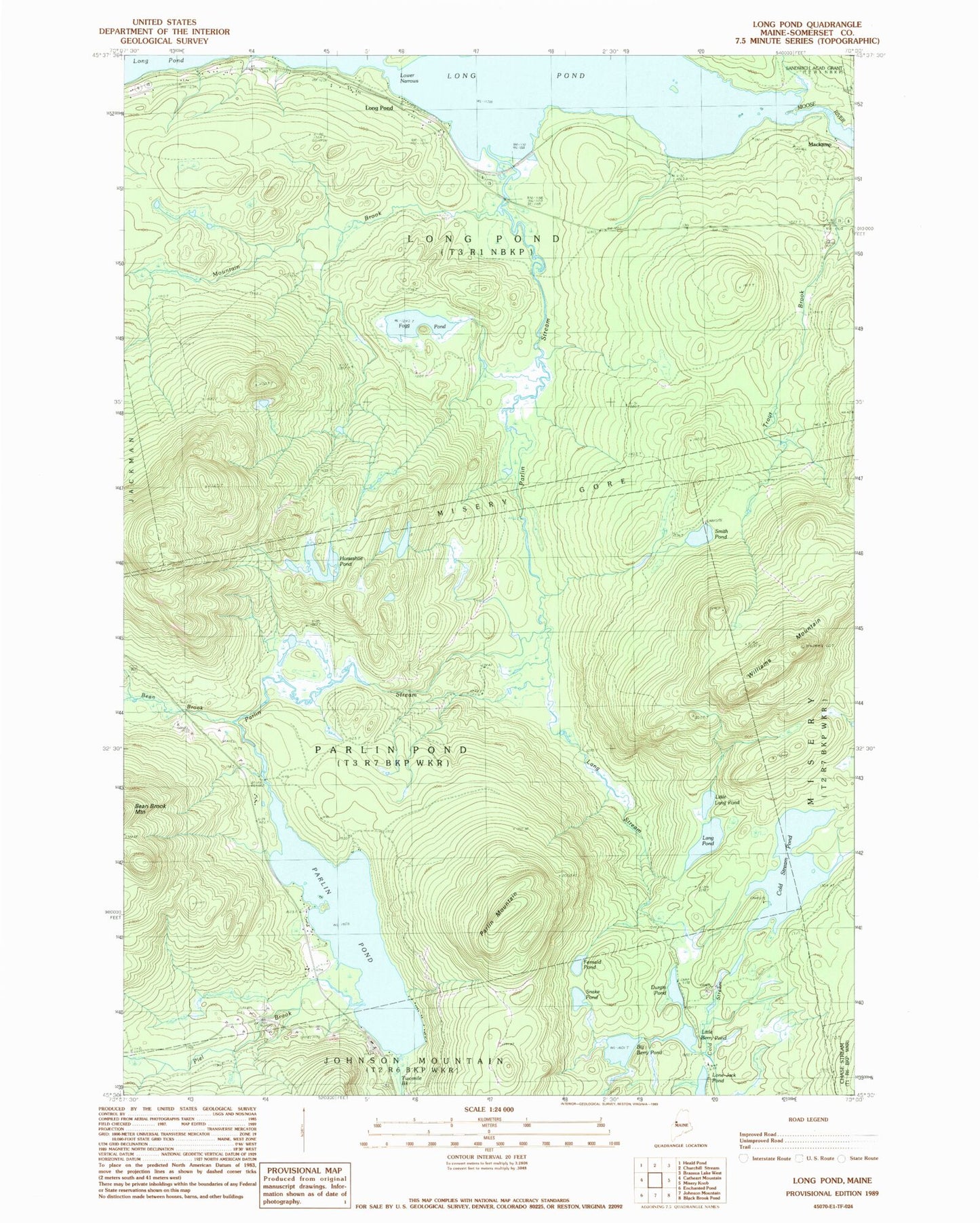 Classic USGS Long Pond Maine 7.5'x7.5' Topo Map Image