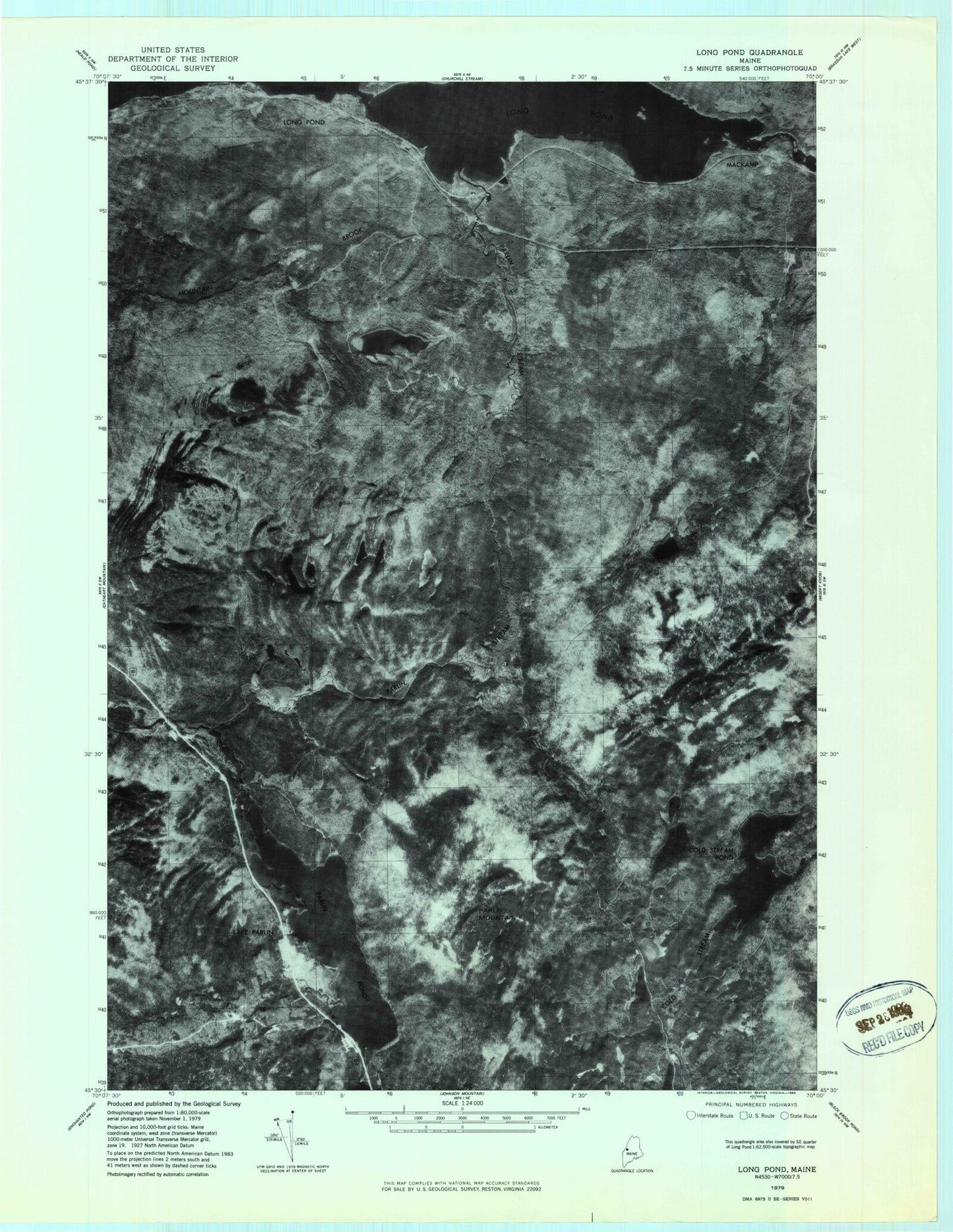 Classic USGS Long Pond Maine 7.5'x7.5' Topo Map Image