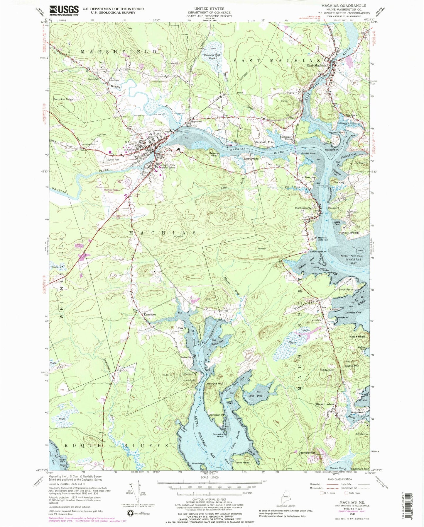 Classic USGS Machias Maine 7.5'x7.5' Topo Map Image