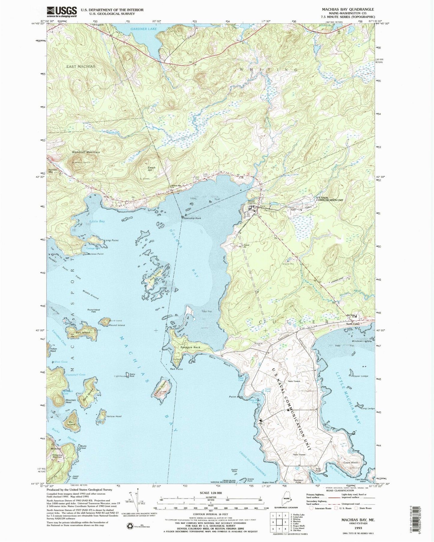 Classic USGS Machias Bay Maine 7.5'x7.5' Topo Map Image