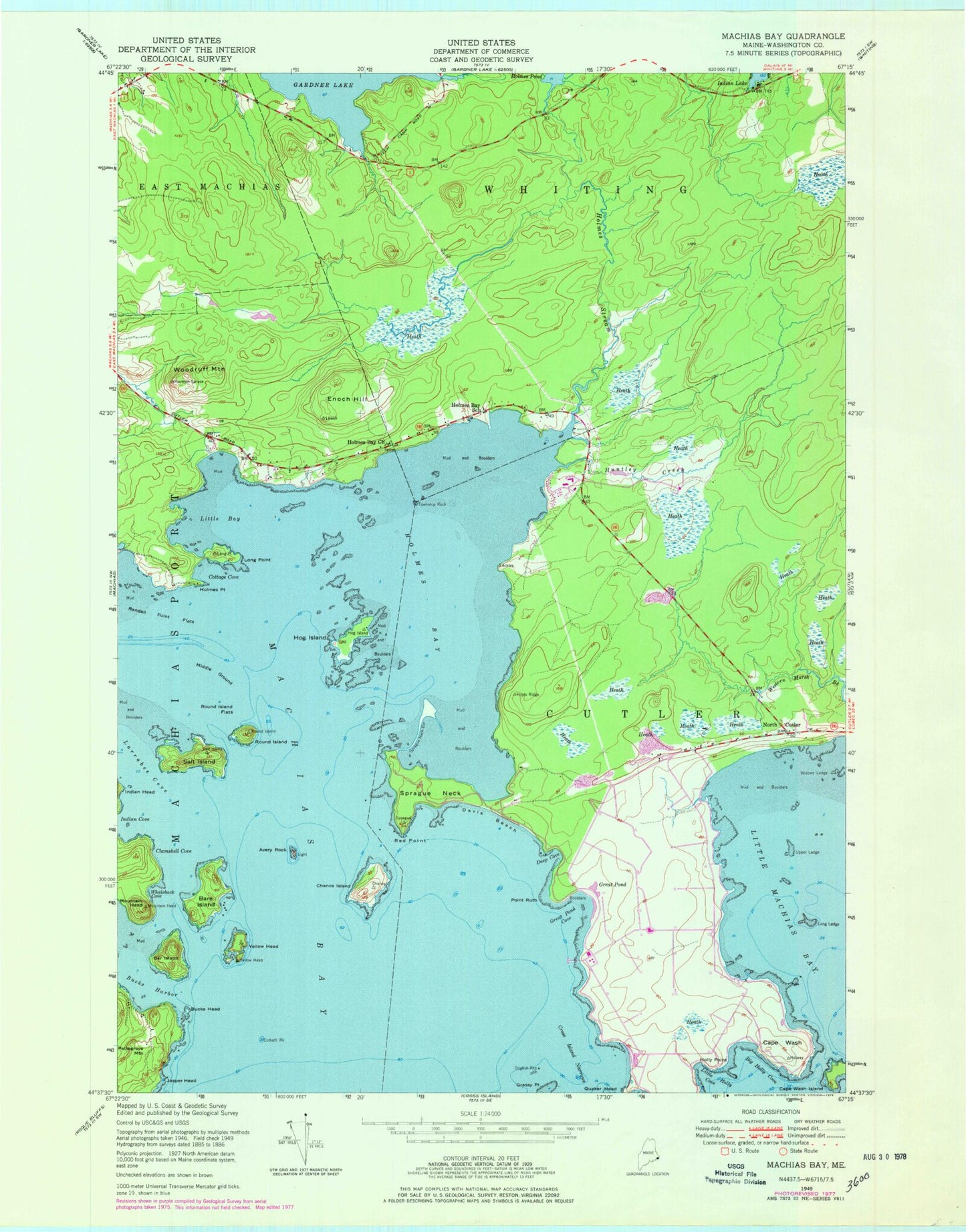 Classic USGS Machias Bay Maine 7.5'x7.5' Topo Map Image