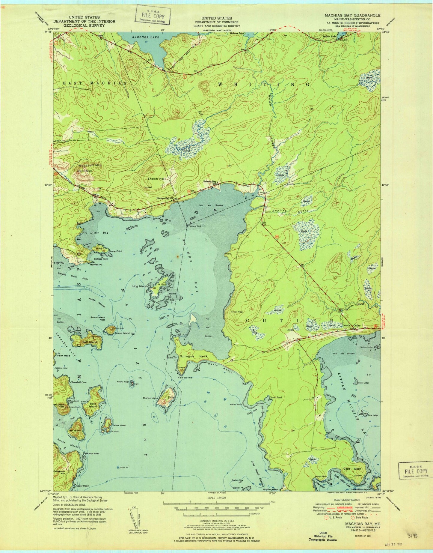 Classic USGS Machias Bay Maine 7.5'x7.5' Topo Map Image