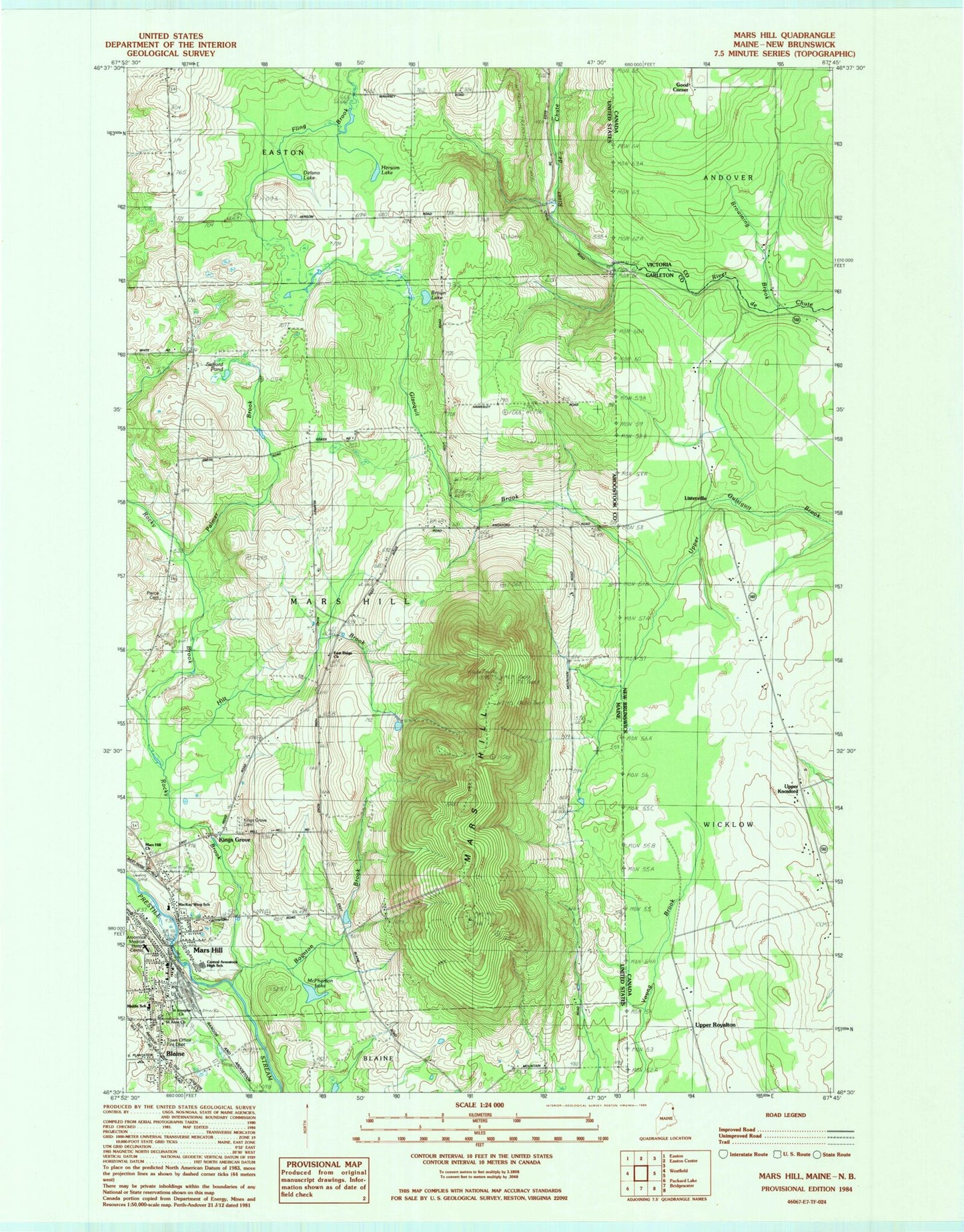 Classic USGS Mars Hill Maine 7.5'x7.5' Topo Map Image