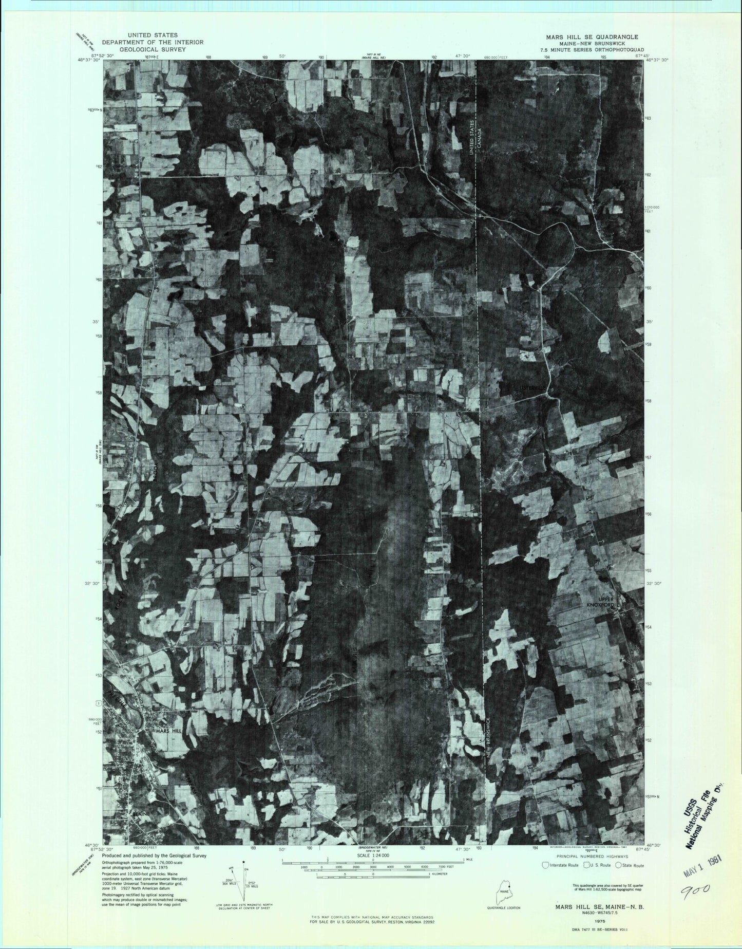 Classic USGS Mars Hill Maine 7.5'x7.5' Topo Map Image