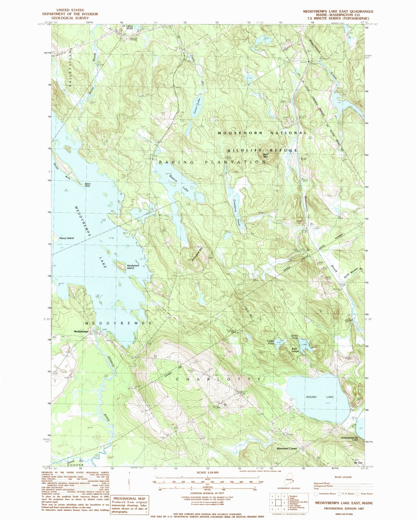 Classic USGS Meddybemps Lake East Maine 7.5'x7.5' Topo Map Image
