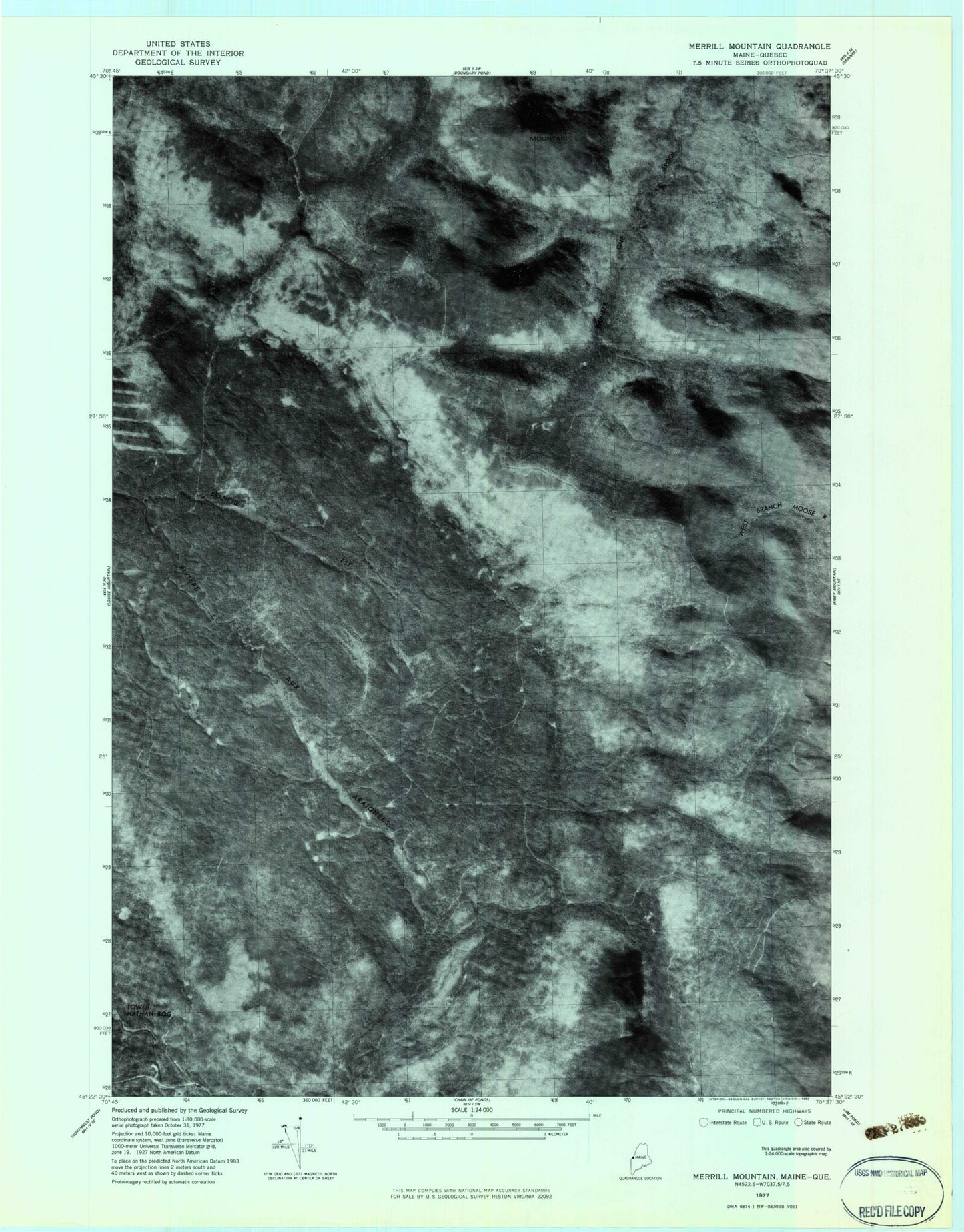 Classic USGS Merrill Mountain Maine 7.5'x7.5' Topo Map Image