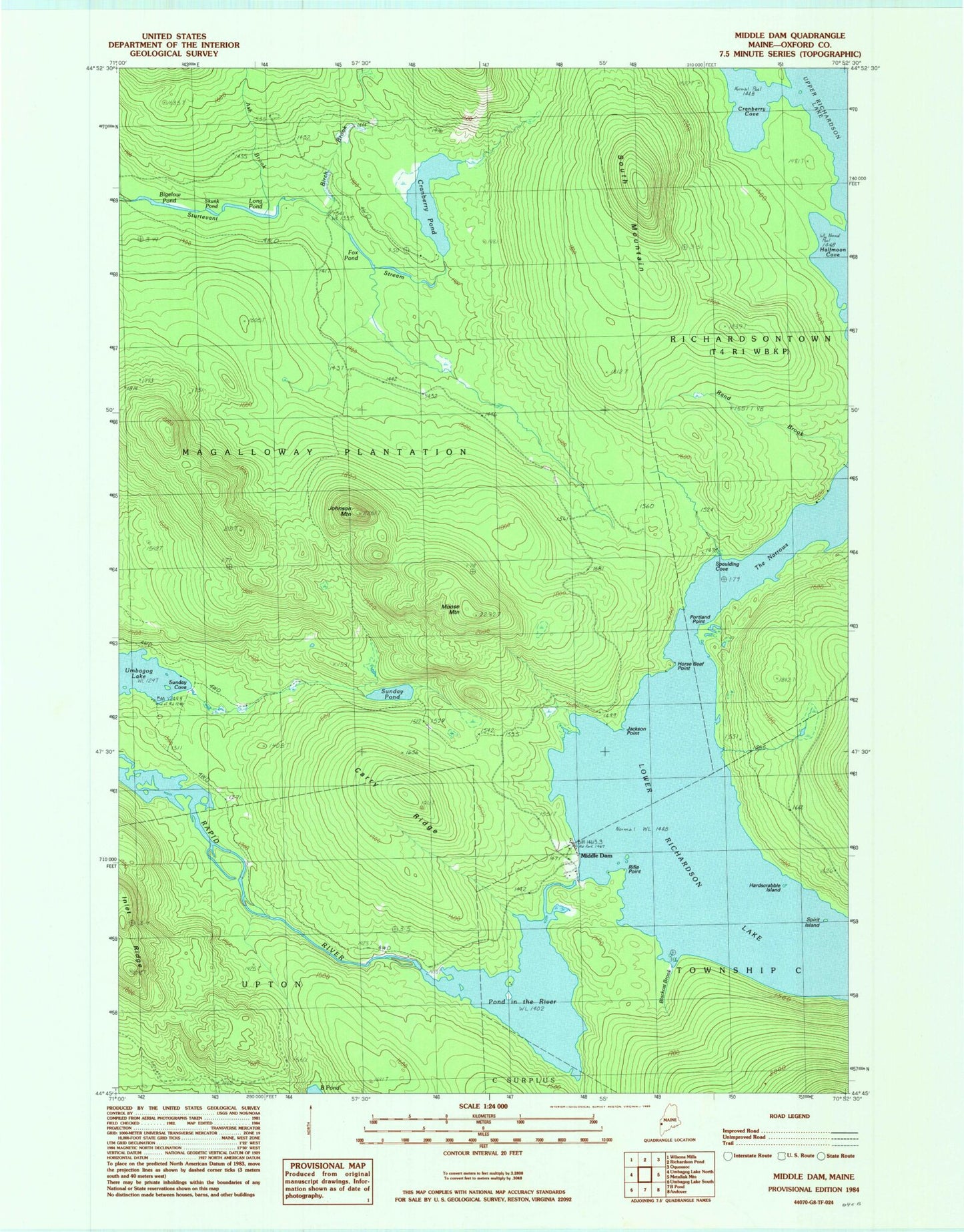 Classic USGS Middle Dam Maine 7.5'x7.5' Topo Map Image