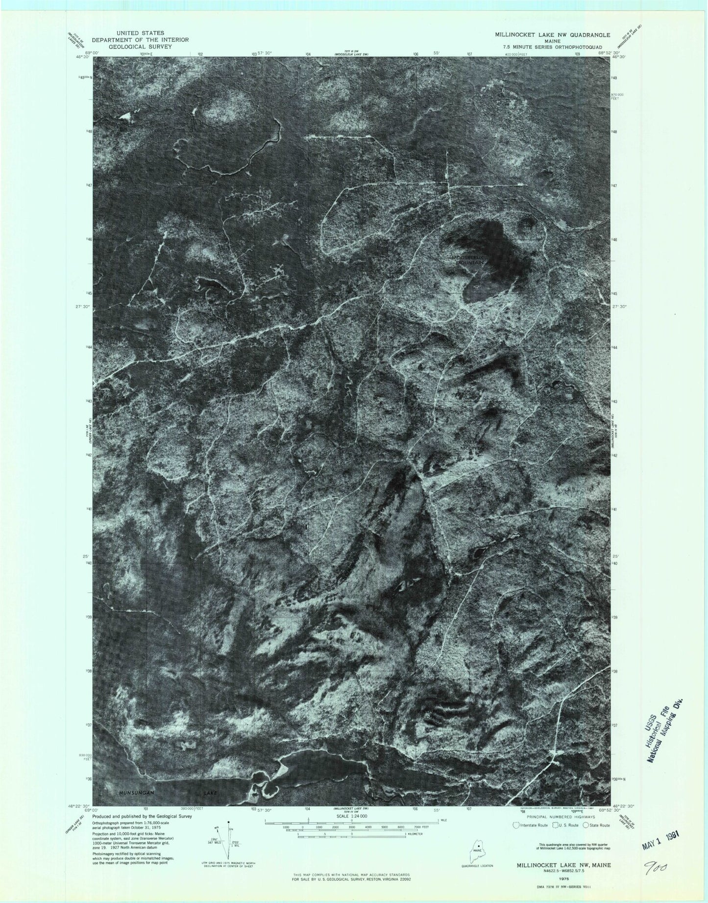 Classic USGS Mooseleuk Mountain Maine 7.5'x7.5' Topo Map Image